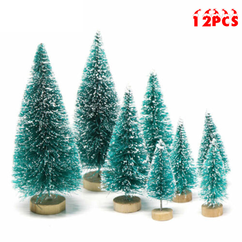 12Pcs Mini Sisal Christmas Trees Ornament Snow Frost Small Pine Tree Xmas Decor