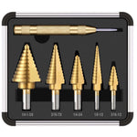 6Pcs Titanium Plated Step Drill Bit Center Punch Straight Flute Triangular Shank Imperial Pagoda Cone Drill Bit