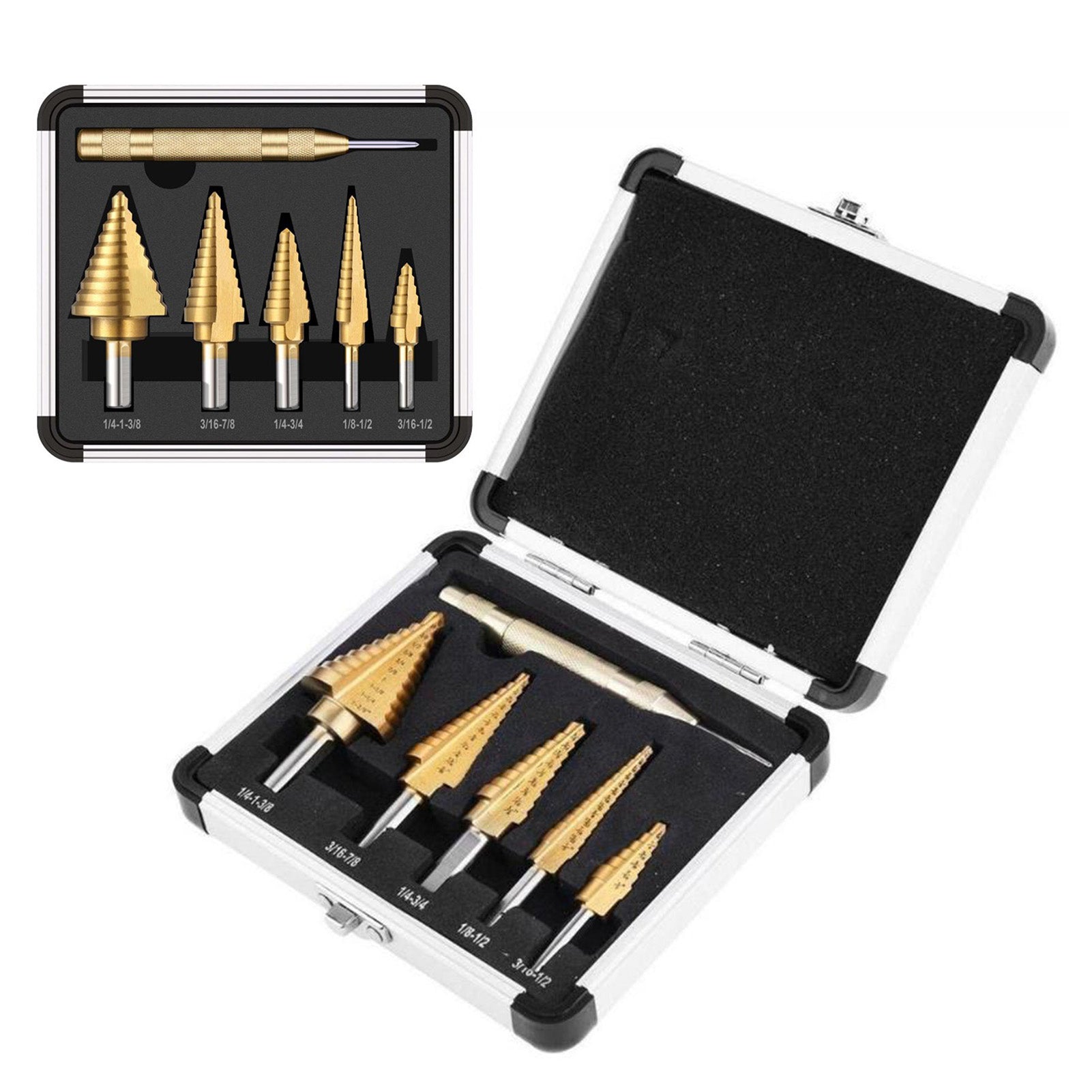 6Pcs Titanium Plated Step Drill Bit Center Punch Straight Flute Triangular Shank Imperial Pagoda Cone Drill Bit