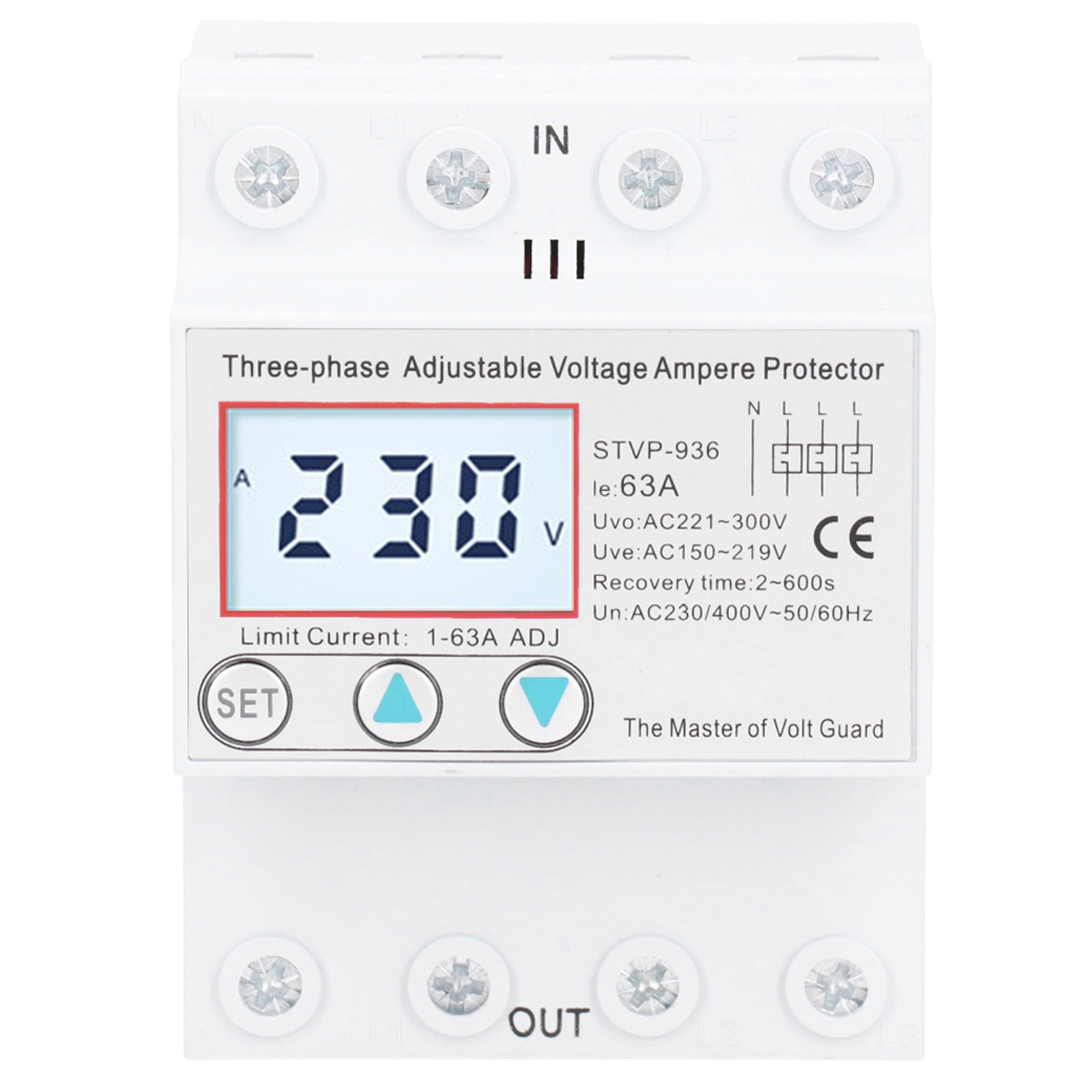 Adjustable Voltage Protector 3Phase LCD Multifunctional SelfResetting STVP936 230v 400V AC(63A )