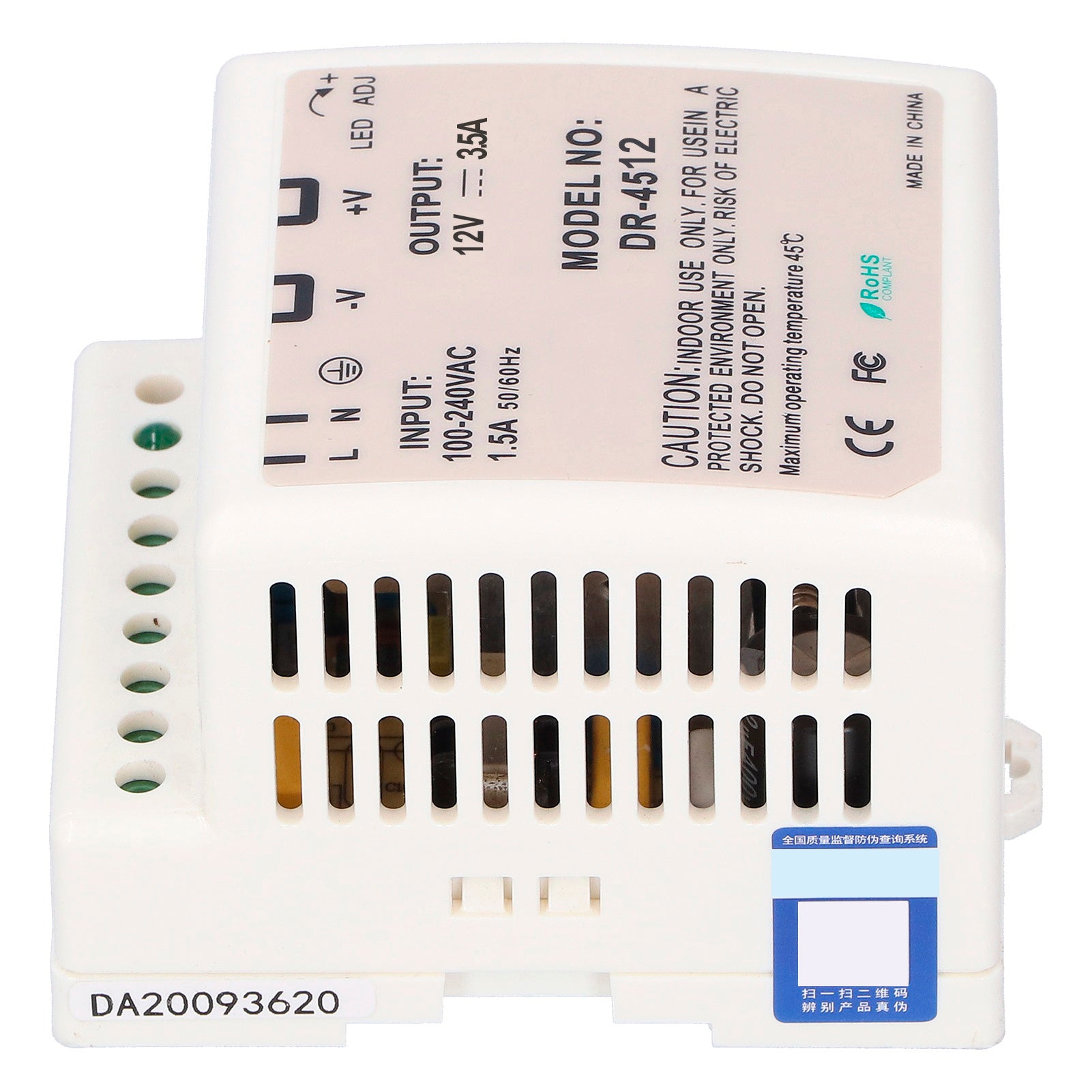 DIN Rail Power Supply LED Switching Adjustable Regulated for Electric Control CabinetDR‑45‑12