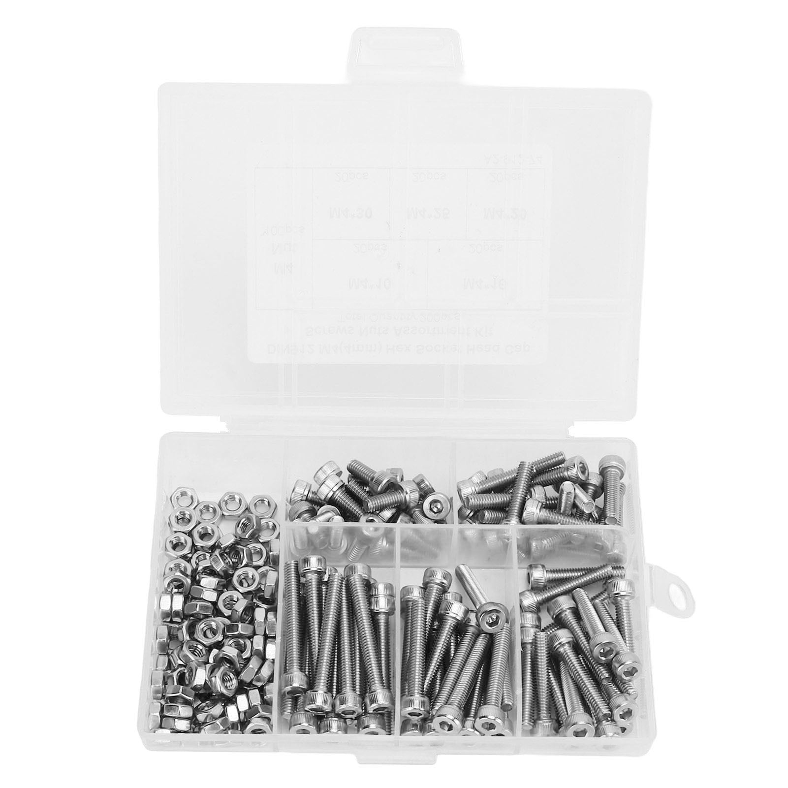 200Pcs Hex Socket Head Cap Screws Nuts Assortment Kit M4 304 Stainless Steel Set