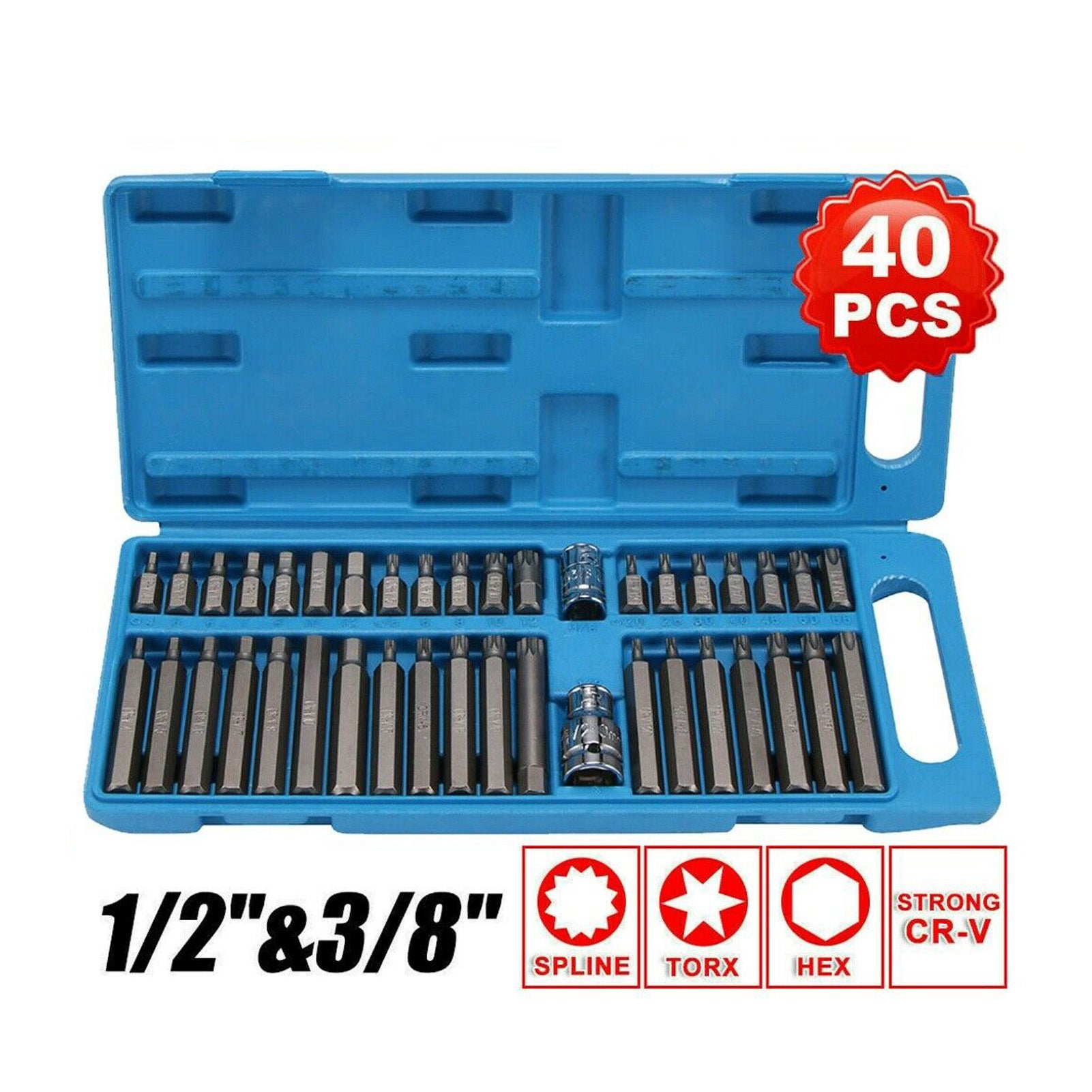 40 in 1 Spline& Hex& Torx Star Bit Socket Set 3/8 1/2''Diameter Long Short Reach Allen Key with Storage Box