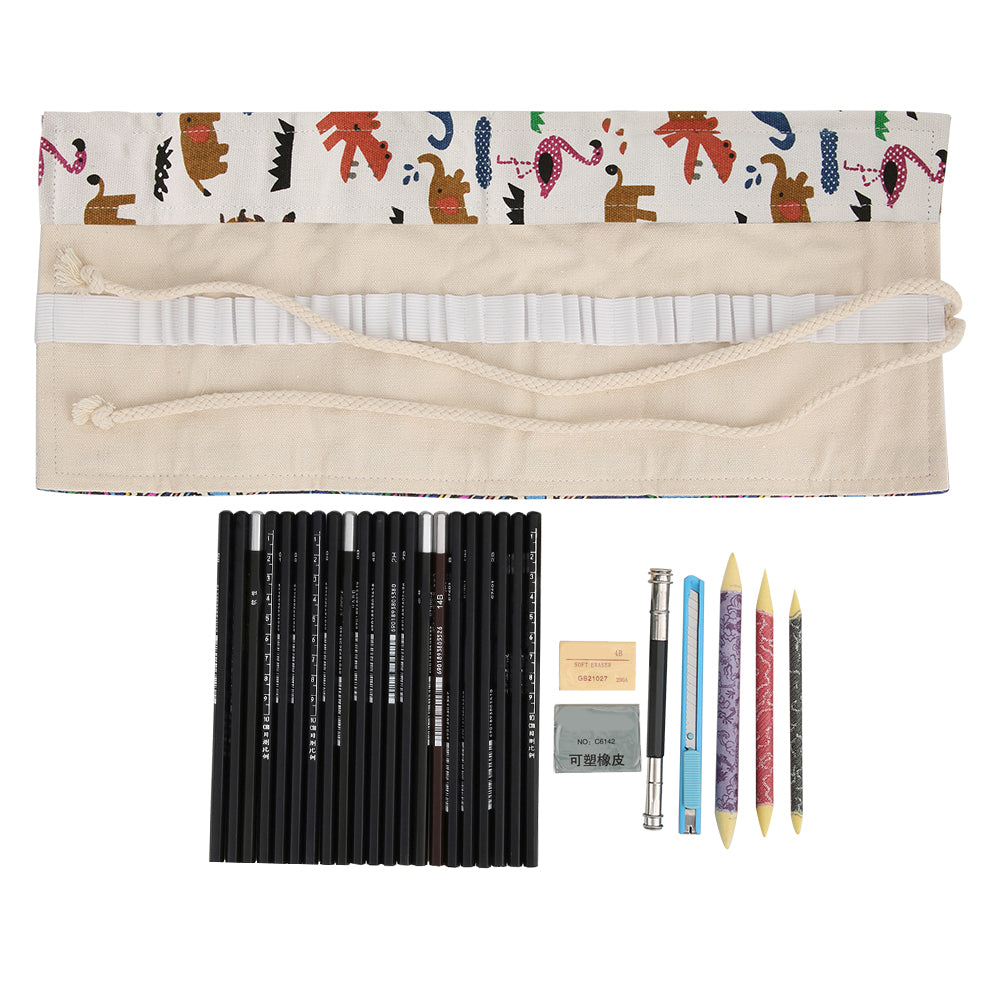 29pcs Sketching Pencil Tool Kit Beginner Artist Drawing Pencil Roll Up Case Art SuppliesAnimal Paradise