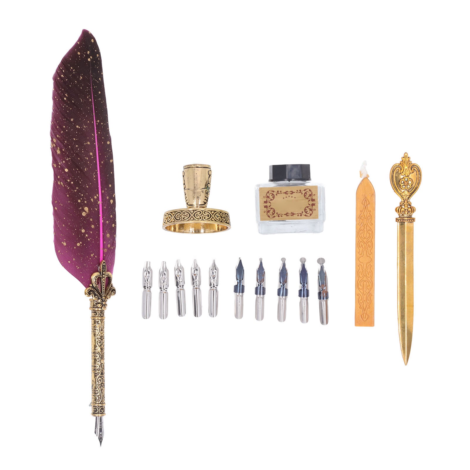 Feather Pen Set with 10 Interchangeable Nib Fire Lacquer Wax Letter Opener Pen Holder Ink Empty Bottle Retro Quill Pen Set Rose Red