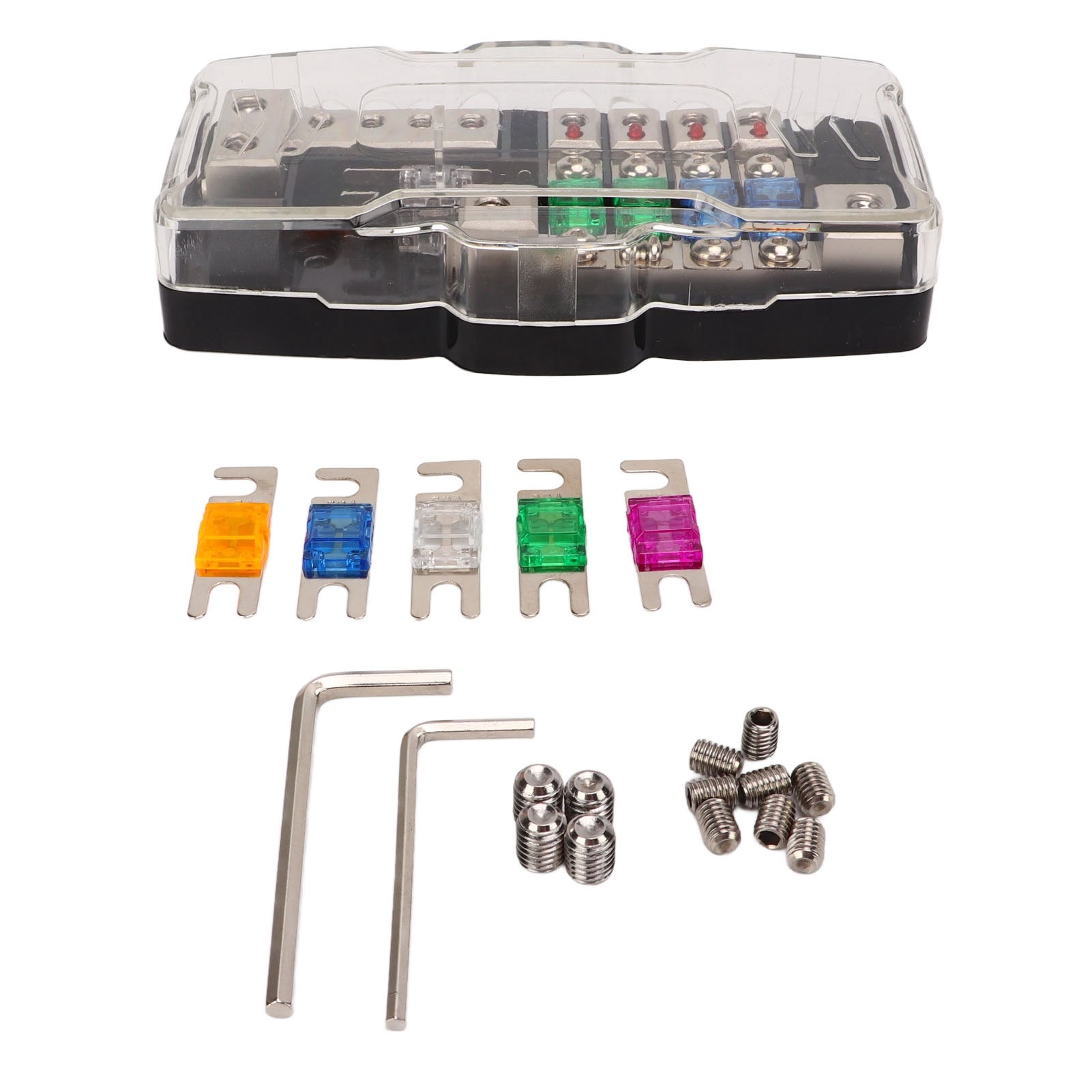 Car Audio Fuse Holder ANL Stereo Fuse Holder 2 Inlet 4 Outlet with LED Display for Cars SUVs Buses RVs Yachts Boats