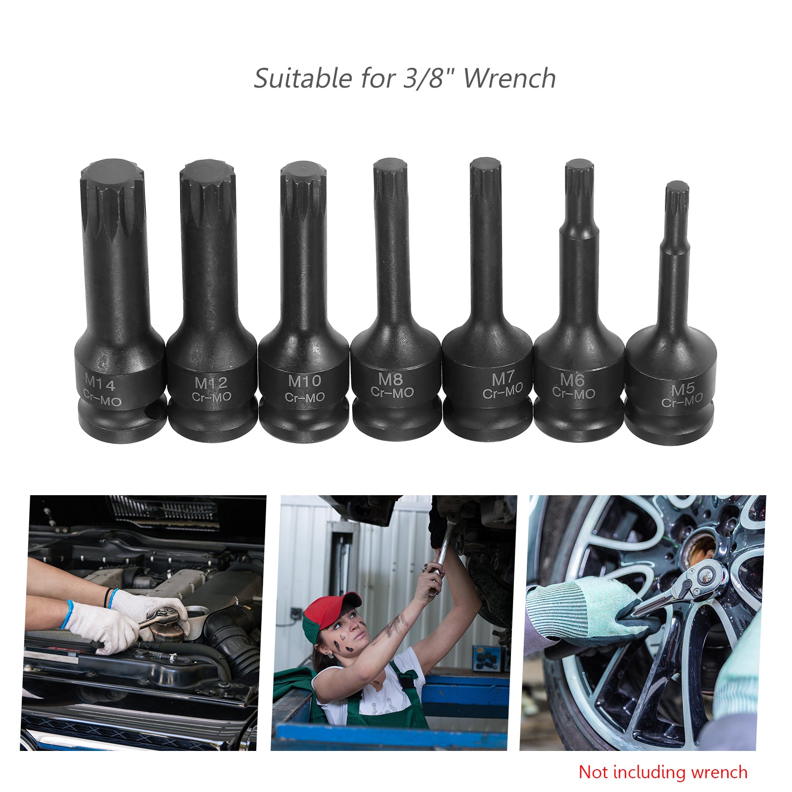 3/8-inch Drive Impact Socket Set 7 Piece Metric Sizes (5mm 6mm 7mm 8mm 10mm 12mm 14mm) XZN Triple Square Spline Bit Cr-Mo Steel Socket Set