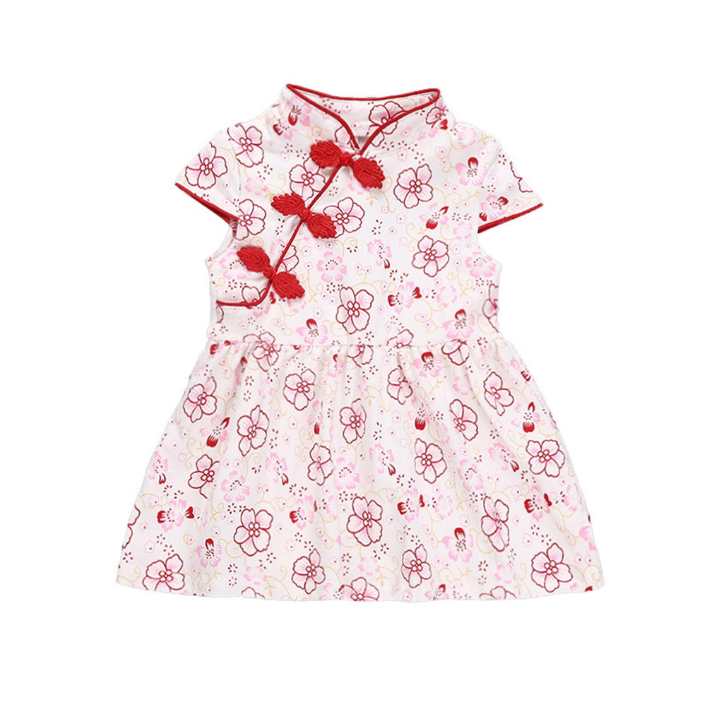 Beautiful Pattern Chinese Style Kid Dress Short Sleeve One Piece Girl Summer Dress(Flower Print 110)