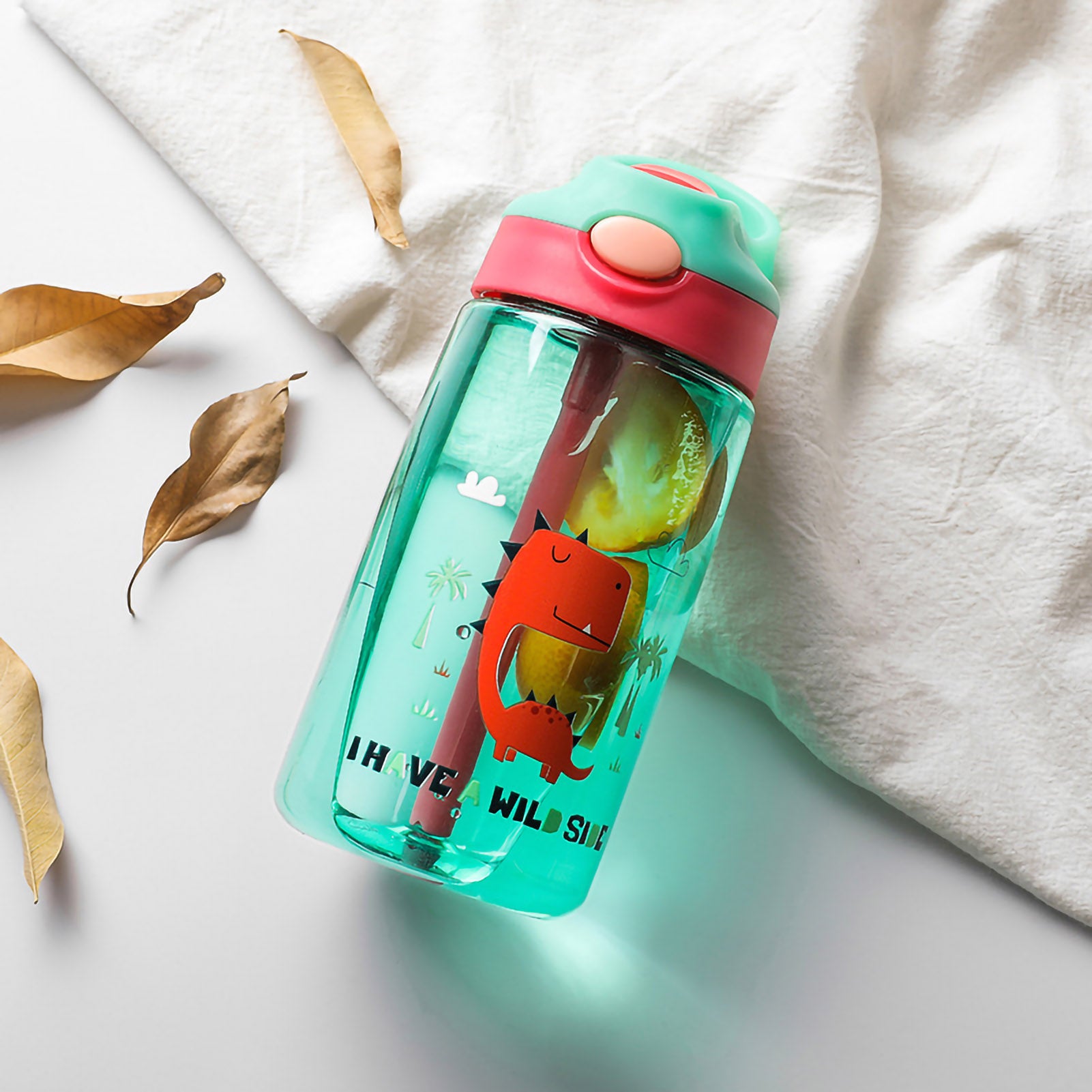 Kids Water Bottle with Straw Lid Cute Dinosaurs 480ML Safe Food Grade PP Material Toddler Water Bottle Green 480ML