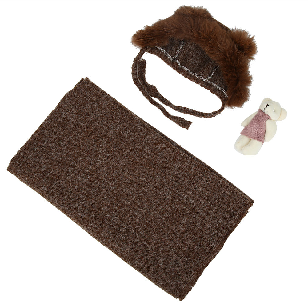 Children Baby Photography Photo Props Bear Rabbit Handmade Knit Handmade Knit Hat Costume(Coffee Hat Cloth Doll)