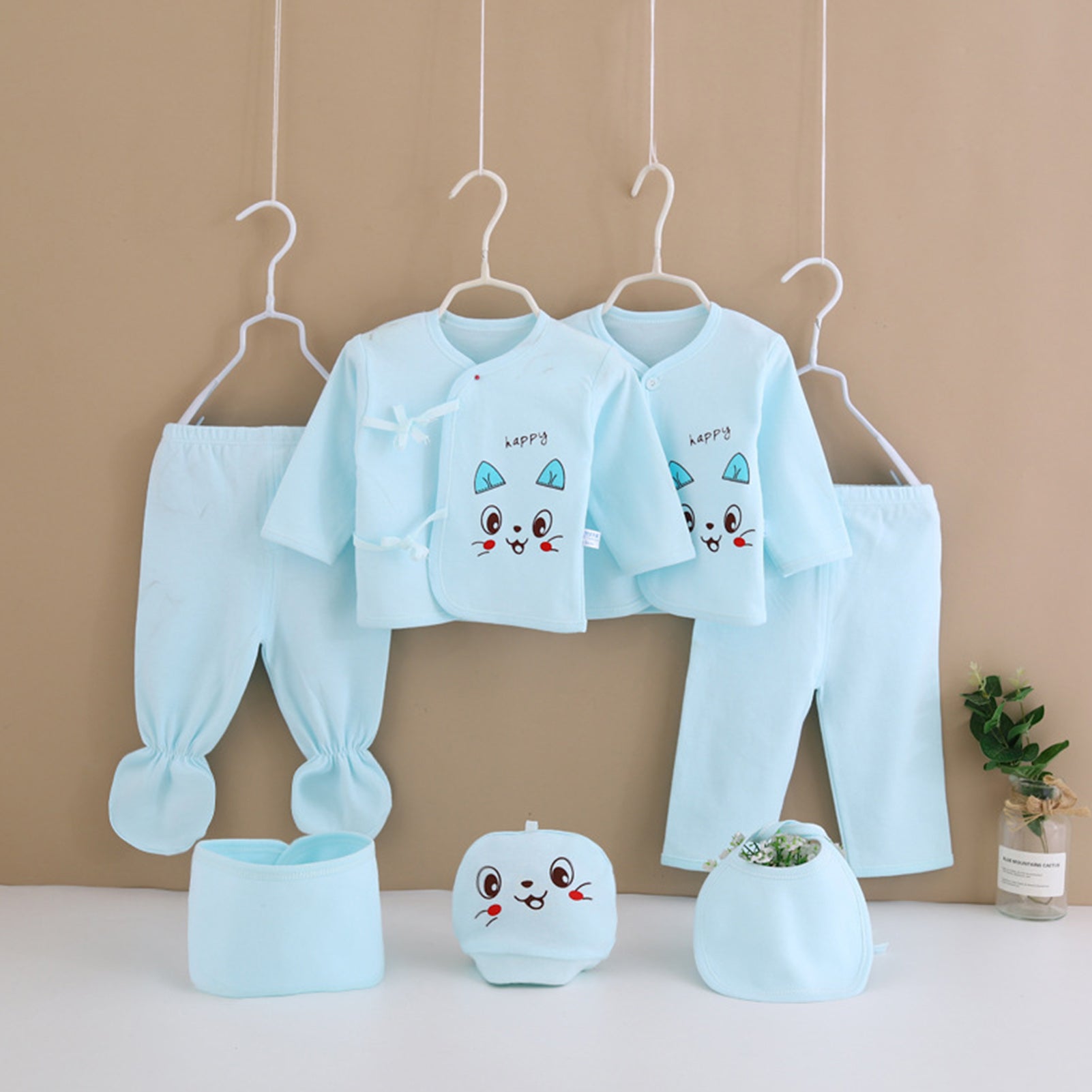 Baby Outfit Soft Cotton Long Sleeve Shirt Long Pants Bib Single Breasted Infants Clothing Set Blue 59cm / 23.23in