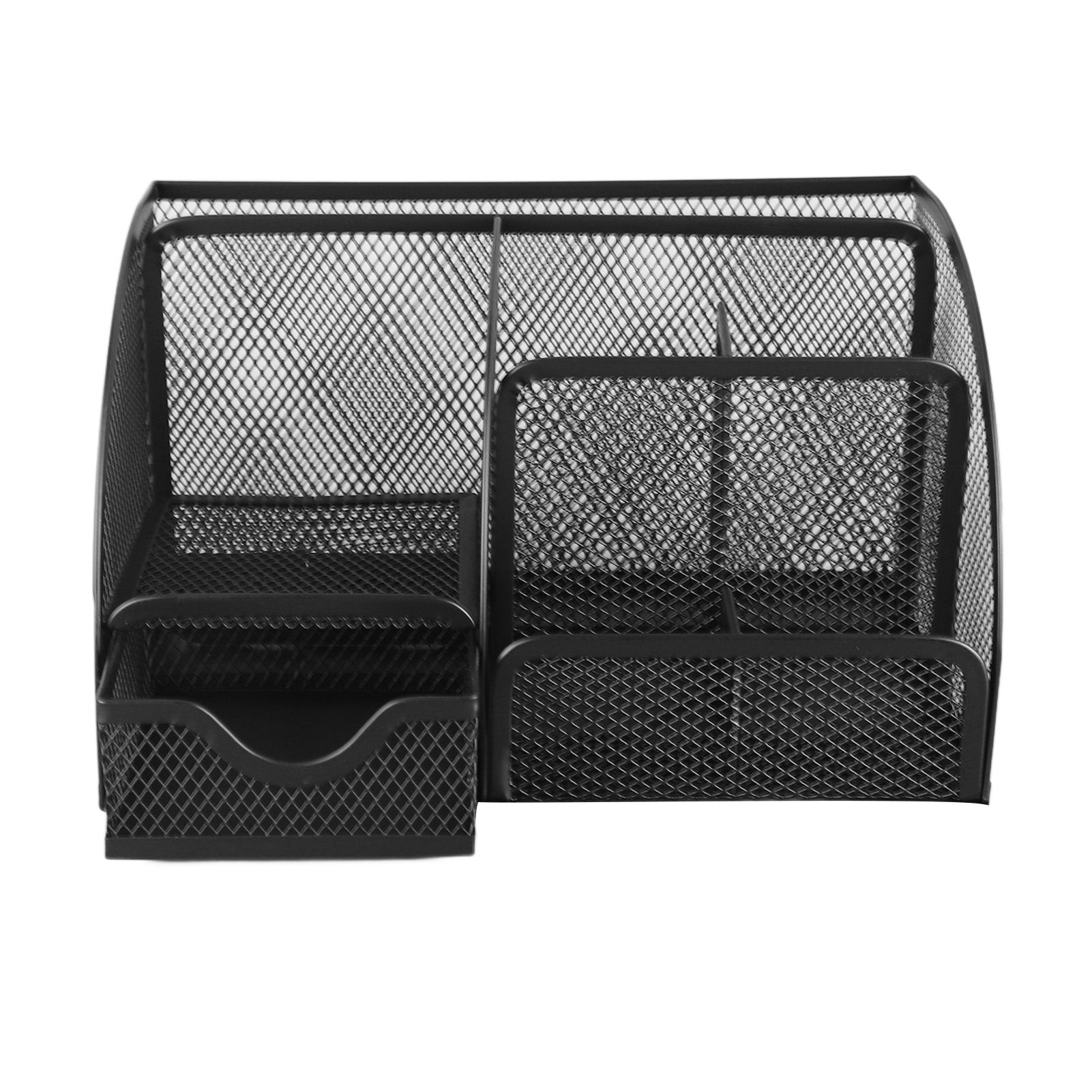 Mesh Office Desktop Organizer Multifunctional Metal 7 Compartments Pen Holder with Drawer Black