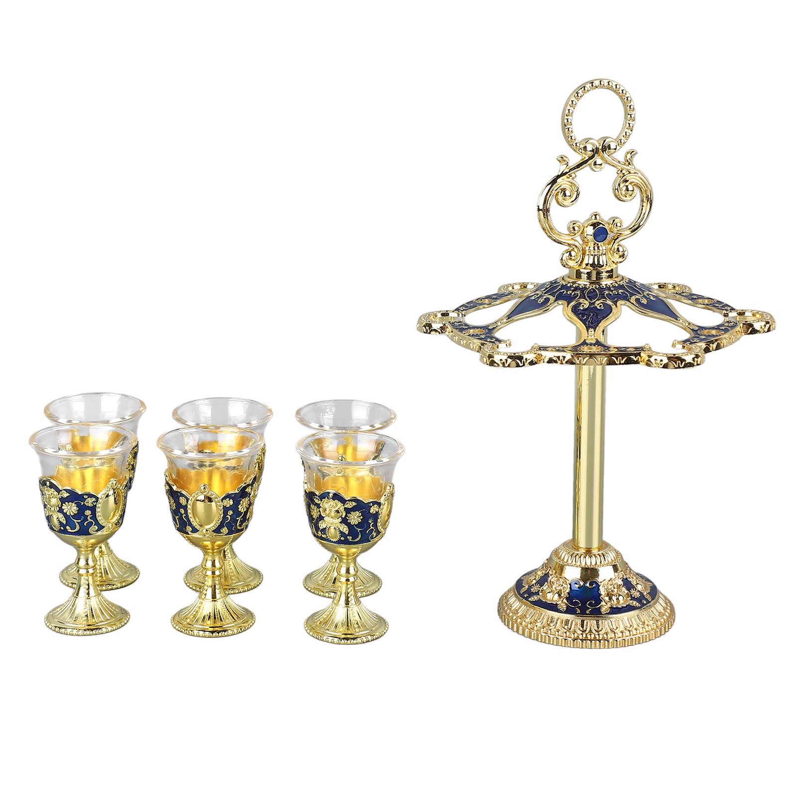 6Pcs Chinese Chalice Retro Style Zinc Alloy Glass Embossed Flower Pattern Pimp Cup for Party Banquet Bar Family Gold and Blue