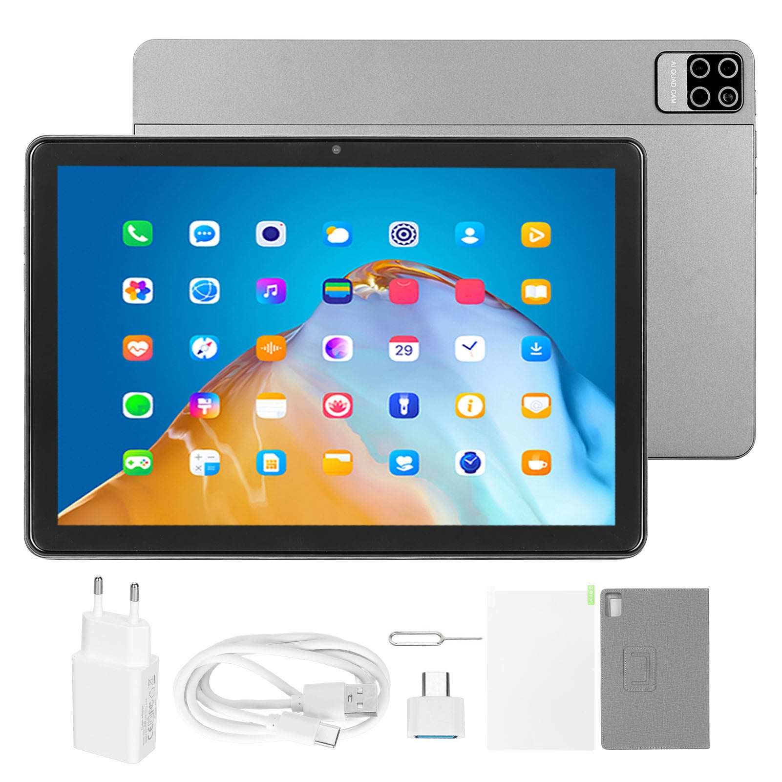 10.1 Inch Tablet 2560X1600 Resolution 16GB RAM 1TB ROM for Android 13 Tablet with Protective Leather Case 110‑240V Grey EU Plug