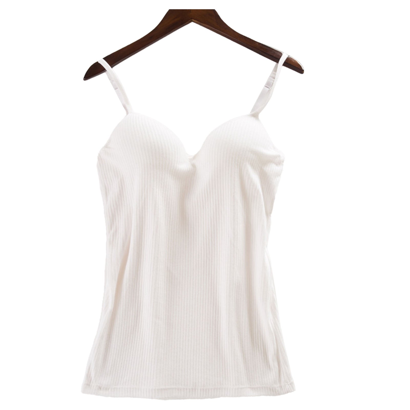 Women Tank Top Ribbed Adjustable Spaghetti Straps Camisole Padded Yoga Workout Top White M