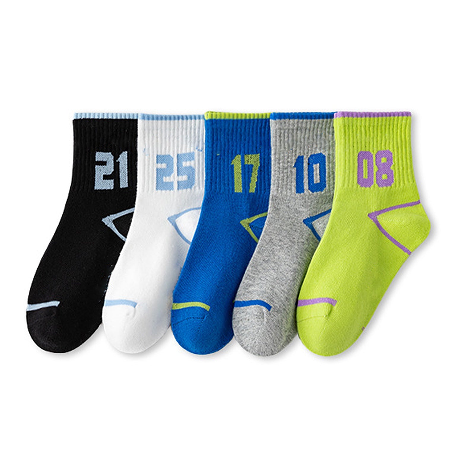 5 Pairs Kids Sports Crew Socks Numbers Printing Medium Length Colorful Cotton Socks for Autumn Wear M (3‑5 Years Old)