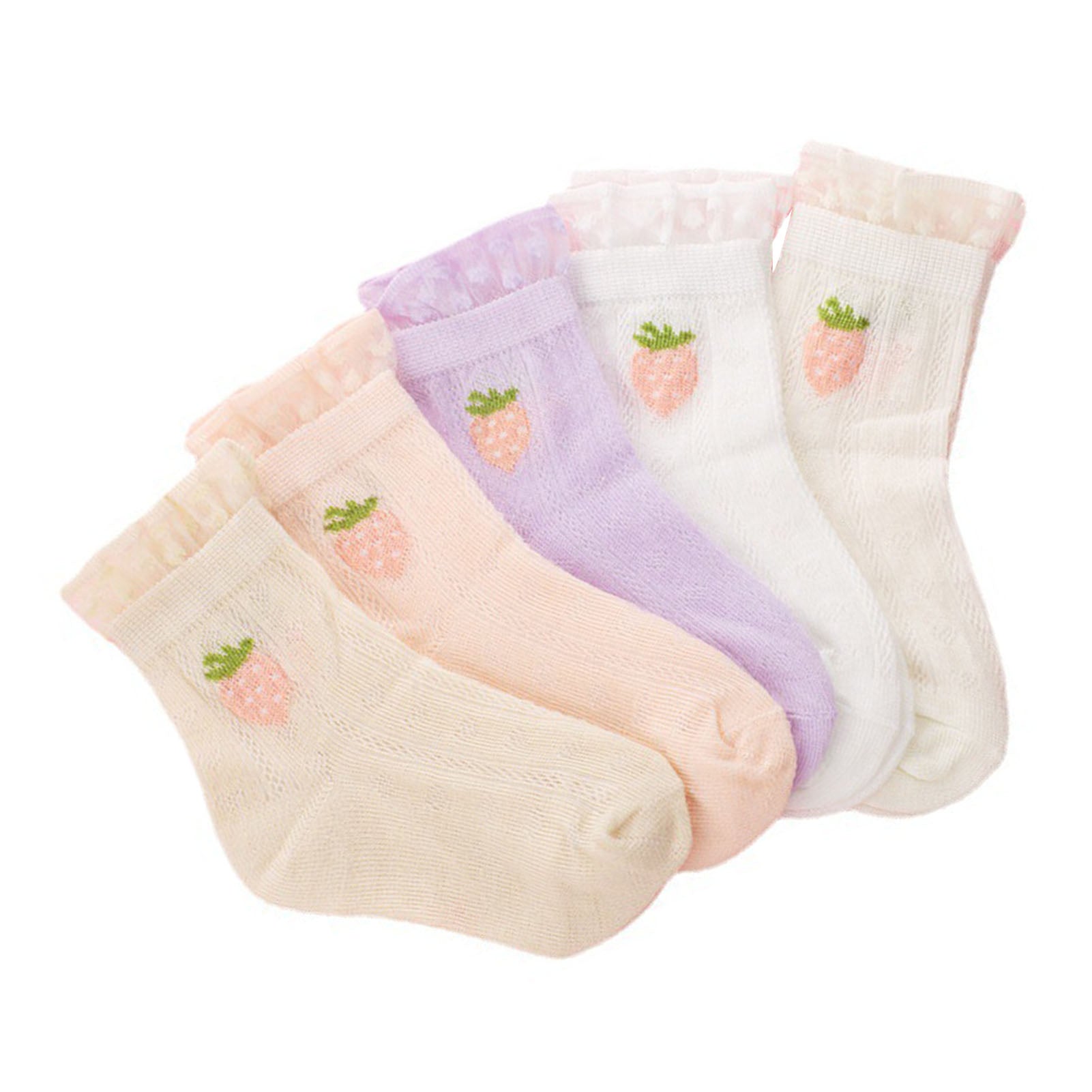 5 Pairs Girls Breathable Mesh Socks Cartoon Strawberry Mesh Cute Cotton Sports Short Socks Pure Color with Strawberry XL ( 9‑12 Years Old, 7.09 ~ 8.66in Foot Length)