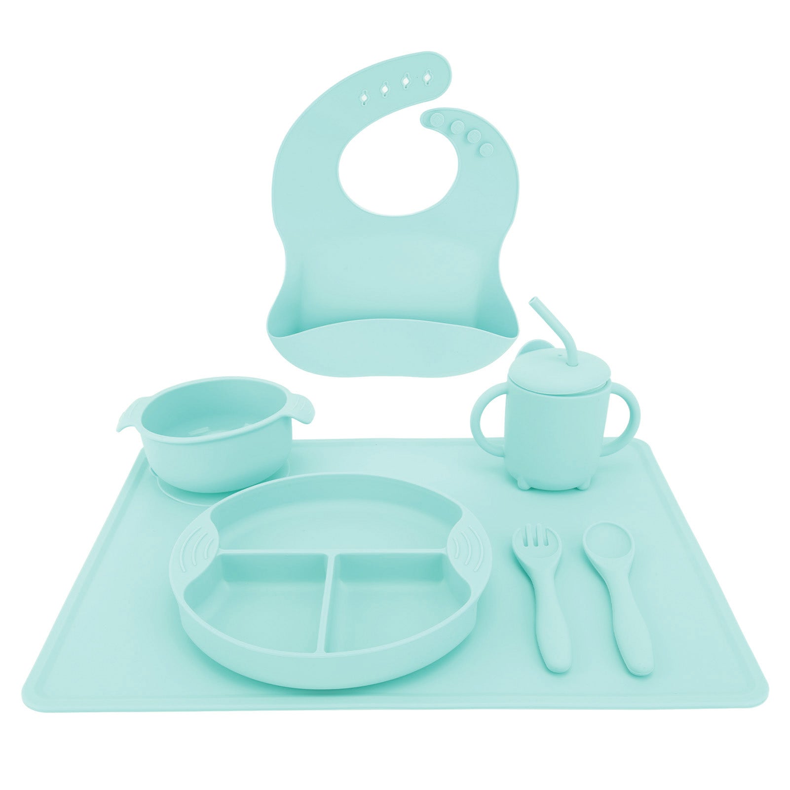 Set of 7 Silicone Baby Feeding Set Bib Spoon Fork Cup Suction Bowl Divided Plates Led Weaning Supplies Blue