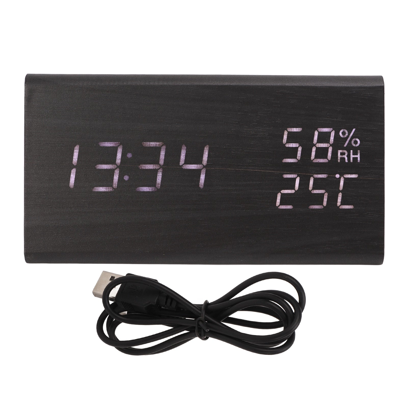Digital Alarm Clock Regulable Brightness Temperature Humidity Display Black Wood White Light LED Desk Clock for Room