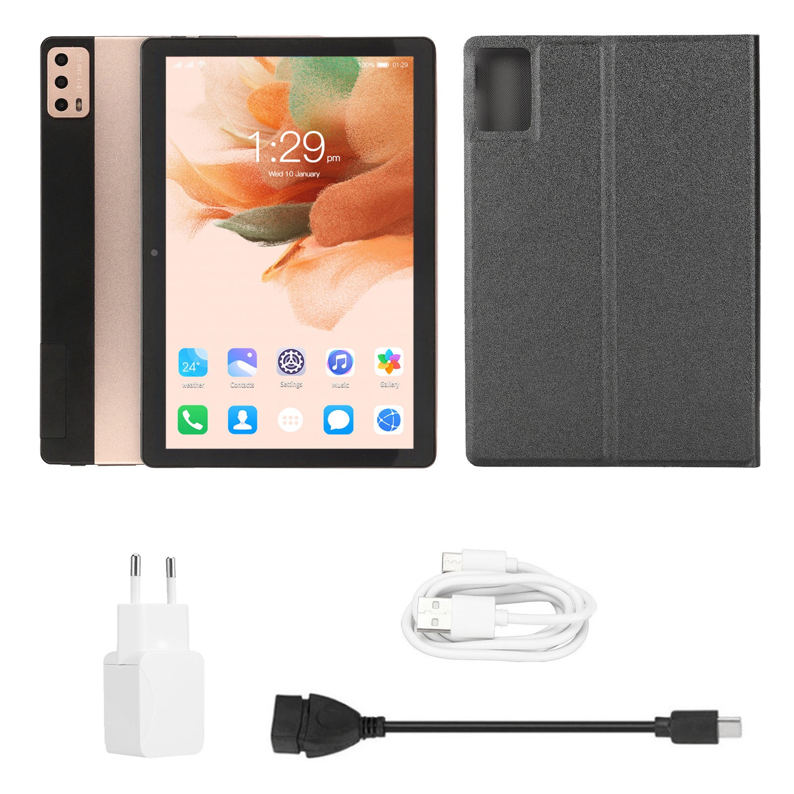 10.1 Inch Tablet with Case for Android 12 8 Core CPU 6GB 128GB Support 4G Network Front 8MP Rear 16MP FHD Tablet 100‑240V Gold EU Plug