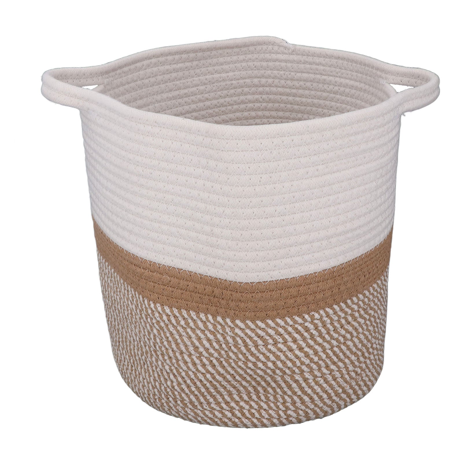 Woven Laundry Basket Cotton Rope Multifunctional Clothes Storage Hamper with Handles Household Decor 30cm Round White and Mixed Yellow