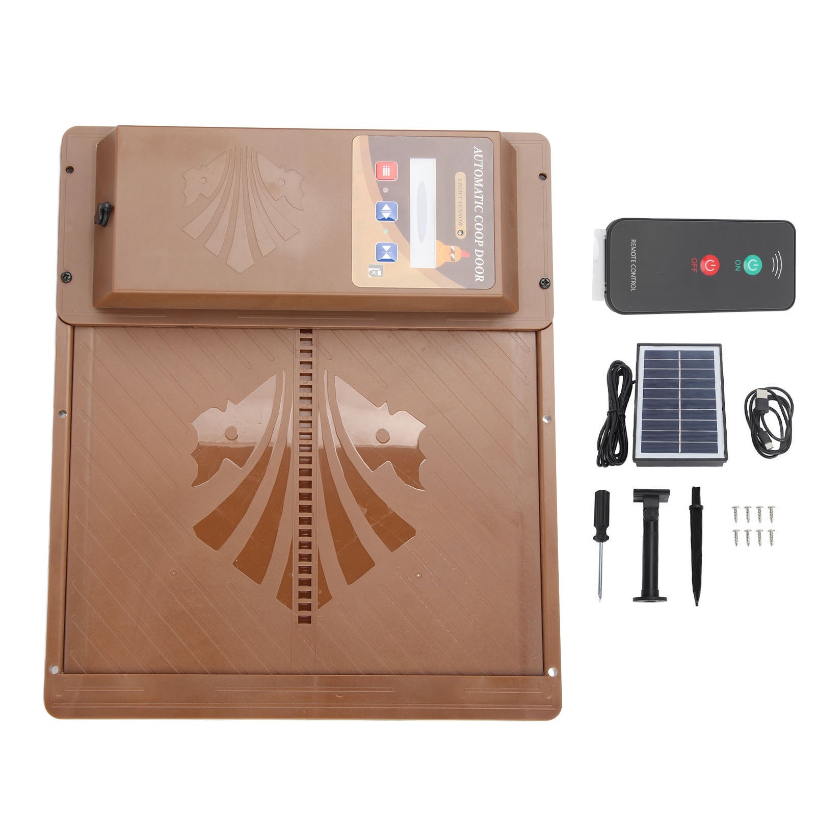 Solar Powered Automatic Chicken Coop Door USB Horizontal Open 3 in 1 Automatic Chicken Coop Door Opener with Timer Light Sensor Remote Control Brown