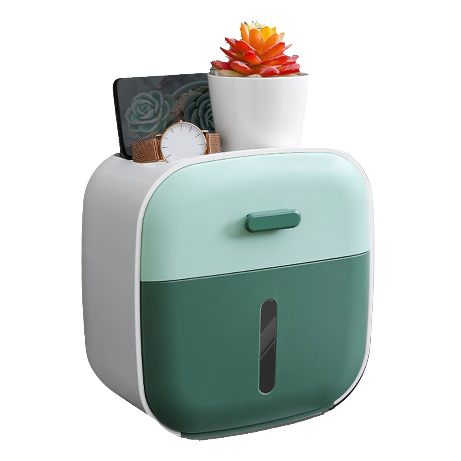 Tissue Box Cover Waterproof Punch Free Tissue Dispenser Box Holder for Bathroom Green
