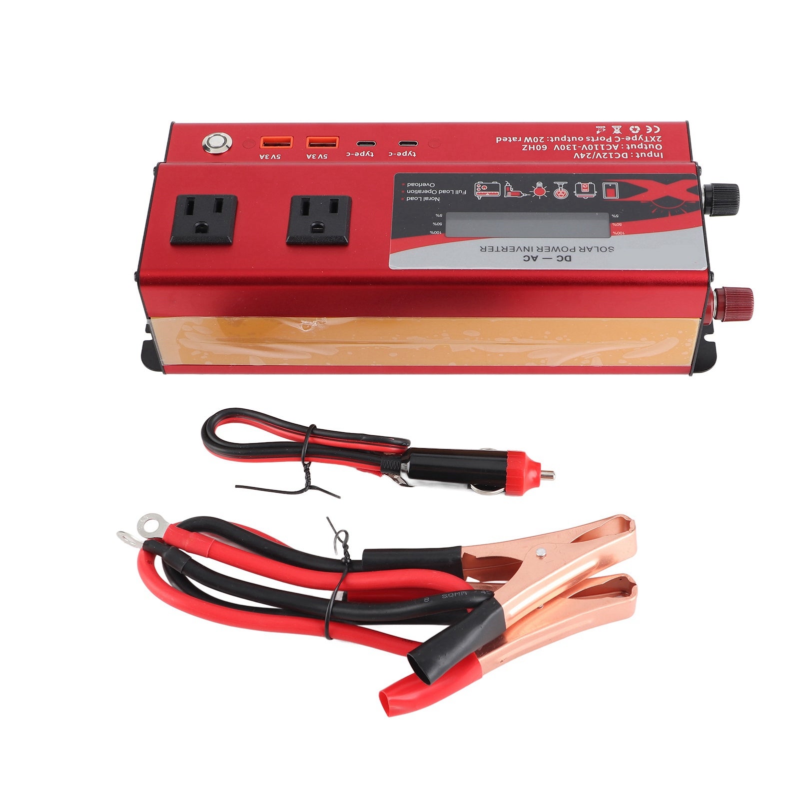 Red 900W Power Inverter Modified Sine Wave Car DC 12V/24V/48V to AC   Converter with Dual  Sockets 2 Type C 2 USB Ports Ambient Light