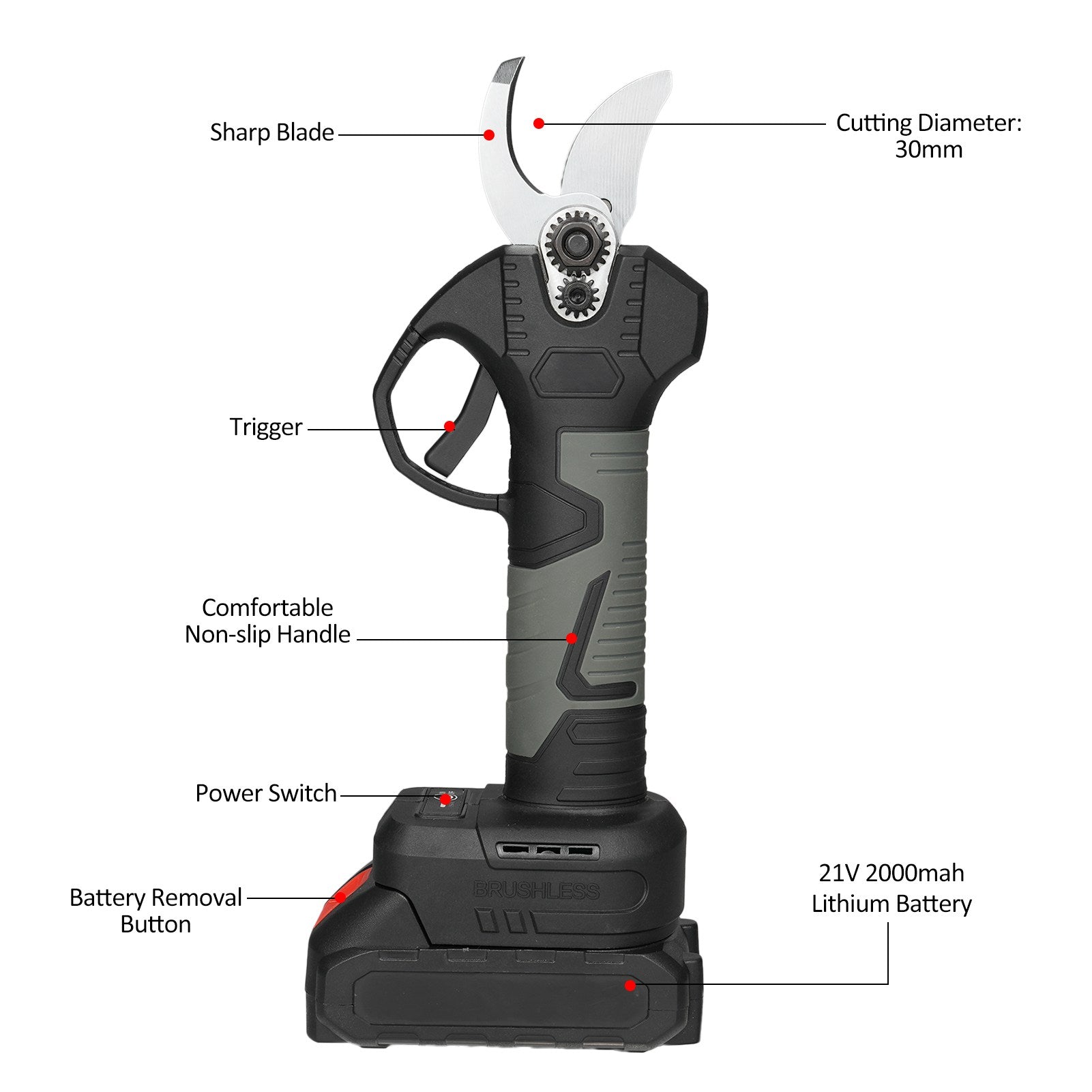 21V Portable Handheld Cordless Electric Pruning Shears with Carry Case Rechargeable 2000mAh Lithium Battery & Charger Powered Tree Branch Pruner Garden Clippers 30mm Cutting Diameter