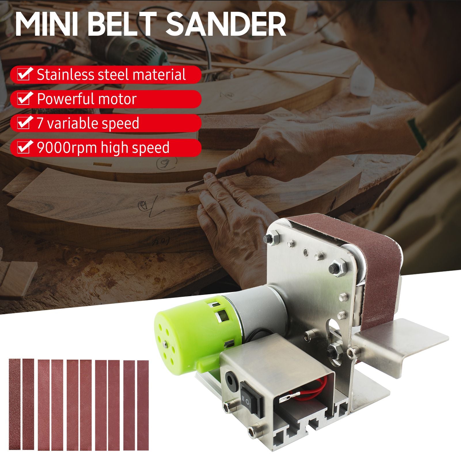 Mini Belt Sander Electric Sanding Polishing Grinding Machine 7 Variable Speed with 10 Sanding Belts for Polishing Wood Acrylic Metal