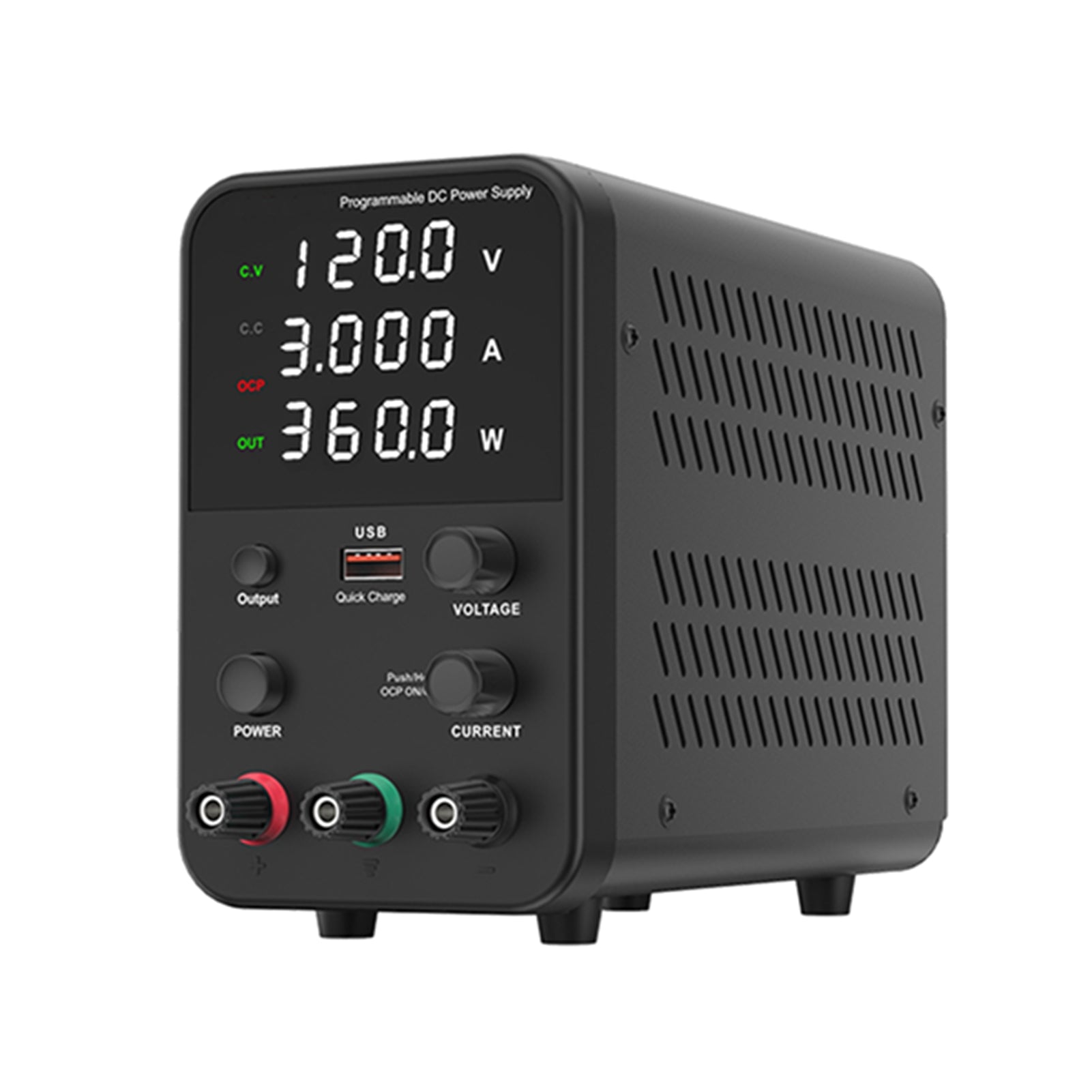 Bench DC Power Supply Variable 120V 3A Digital Display Adjustable Switching Regulated Power Supply CV CC with Output Switch, USB Quick Charge Port, Short Circuit Alarm, Encoder Adjustment Knob
