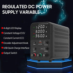 Bench DC Power Supply Variable 120V 3A Digital Display Adjustable Switching Regulated Power Supply CV CC with Output Switch, USB Quick Charge Port, Short Circuit Alarm, Encoder Adjustment Knob