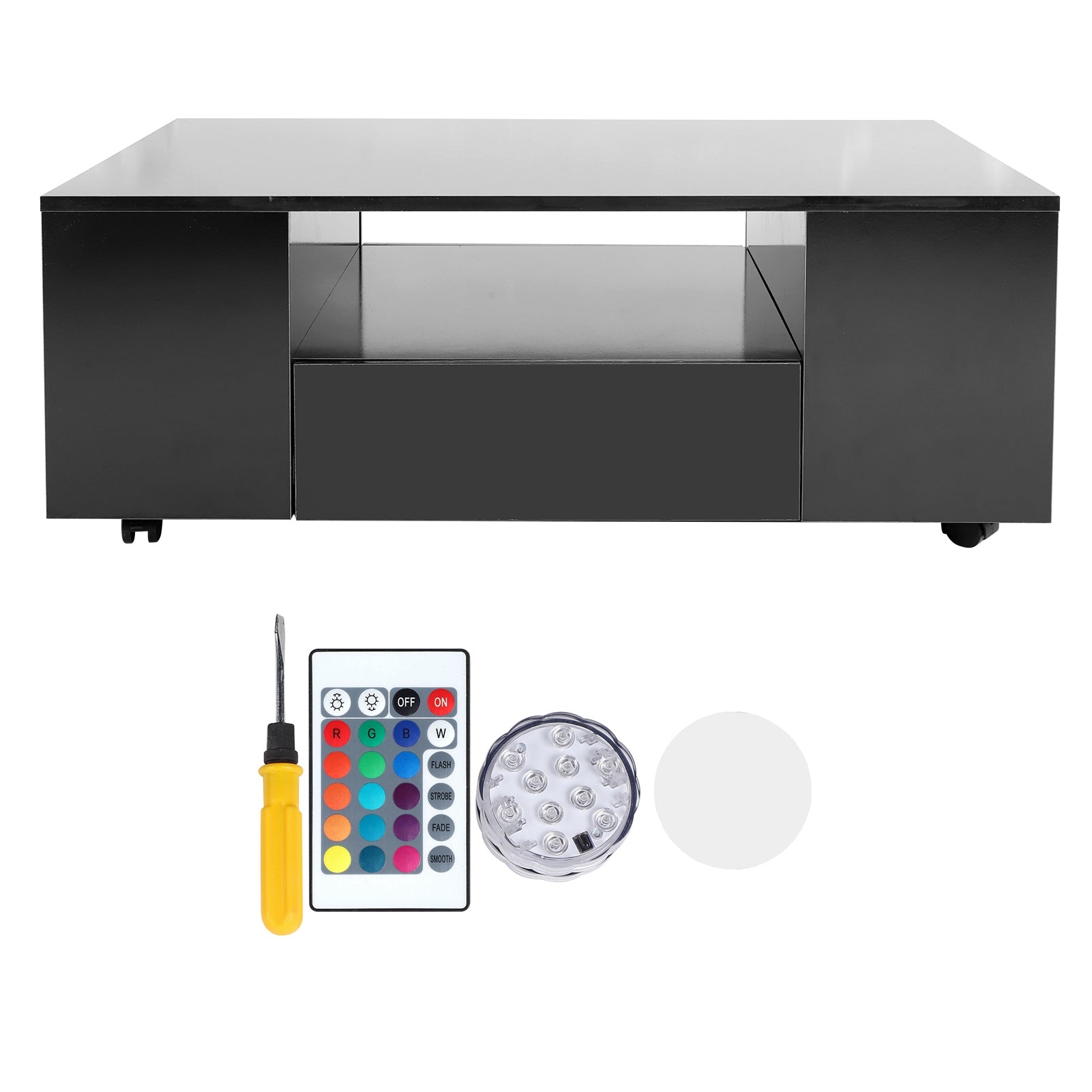 HighGloss LED Coffee Table with Double Drawer Pulley Movable Rectangle Tea Table for Home(Black )