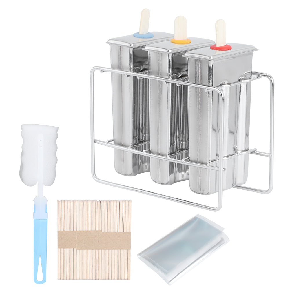 Household 304 Stainless Steel Ice Cream Mold DIY with Cleaning Brush Kit Kitchen Tool(3Pcs Double Groove Ice Cream Mold Stainless Steel Bracket )