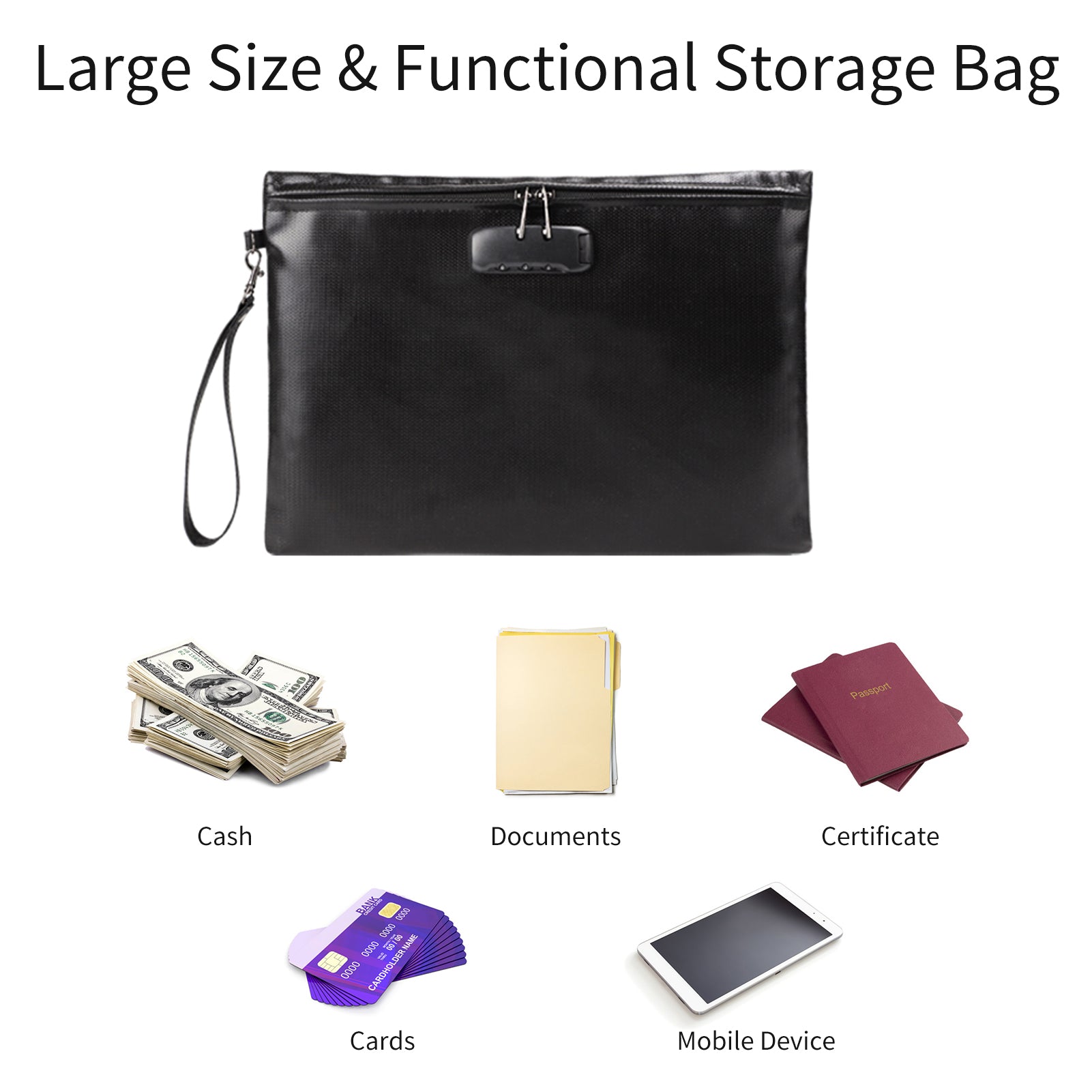 Fireproof Document Bag with Lock Money Safety Organizer Zipper Closure Storage Pouch Pocket with 10 Cards Slot for for A4 Documents File Cash Passport Certificates Home Office Travel
