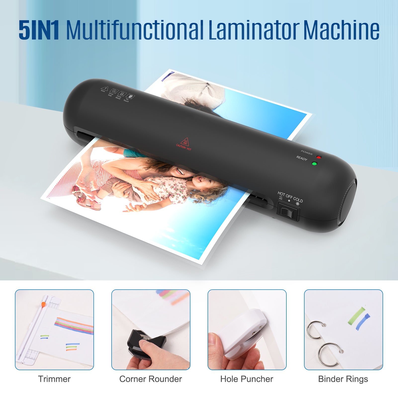 Desktop Laminator Machine Set A4 Size Hot and Cold Lamination 2 Roller System 9 inches Max Width with Paper Cutter Trimmer Rounder Hole Puncher Binding Hoop Suitable for A4 230mm Laminating Pouches for Home Office School Supplies