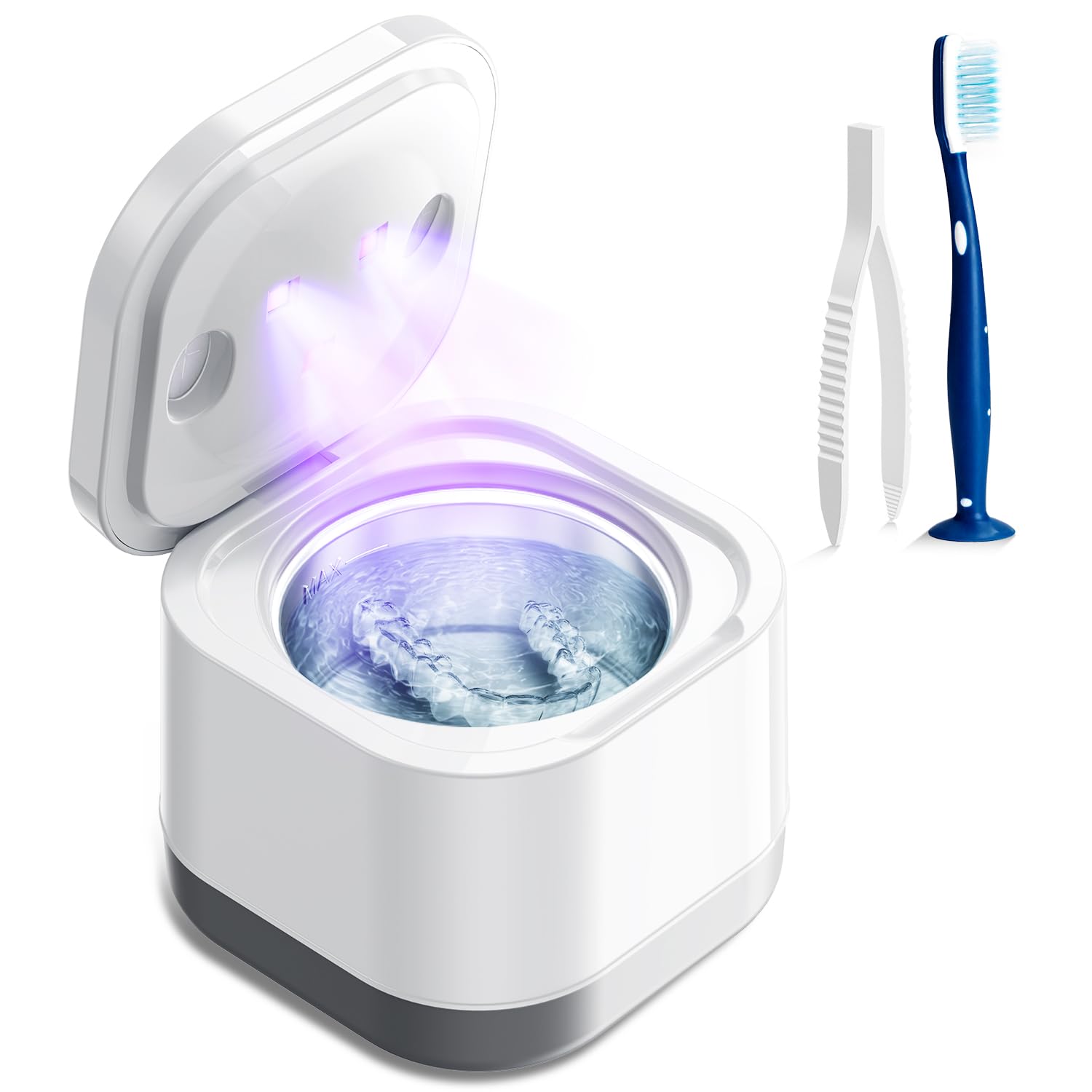 Ultrasonic Retainer Cleaner for Denture: Ultra Sonic Dental Cleaning - Mouth Guard Cleaner for Aligner (Square White)