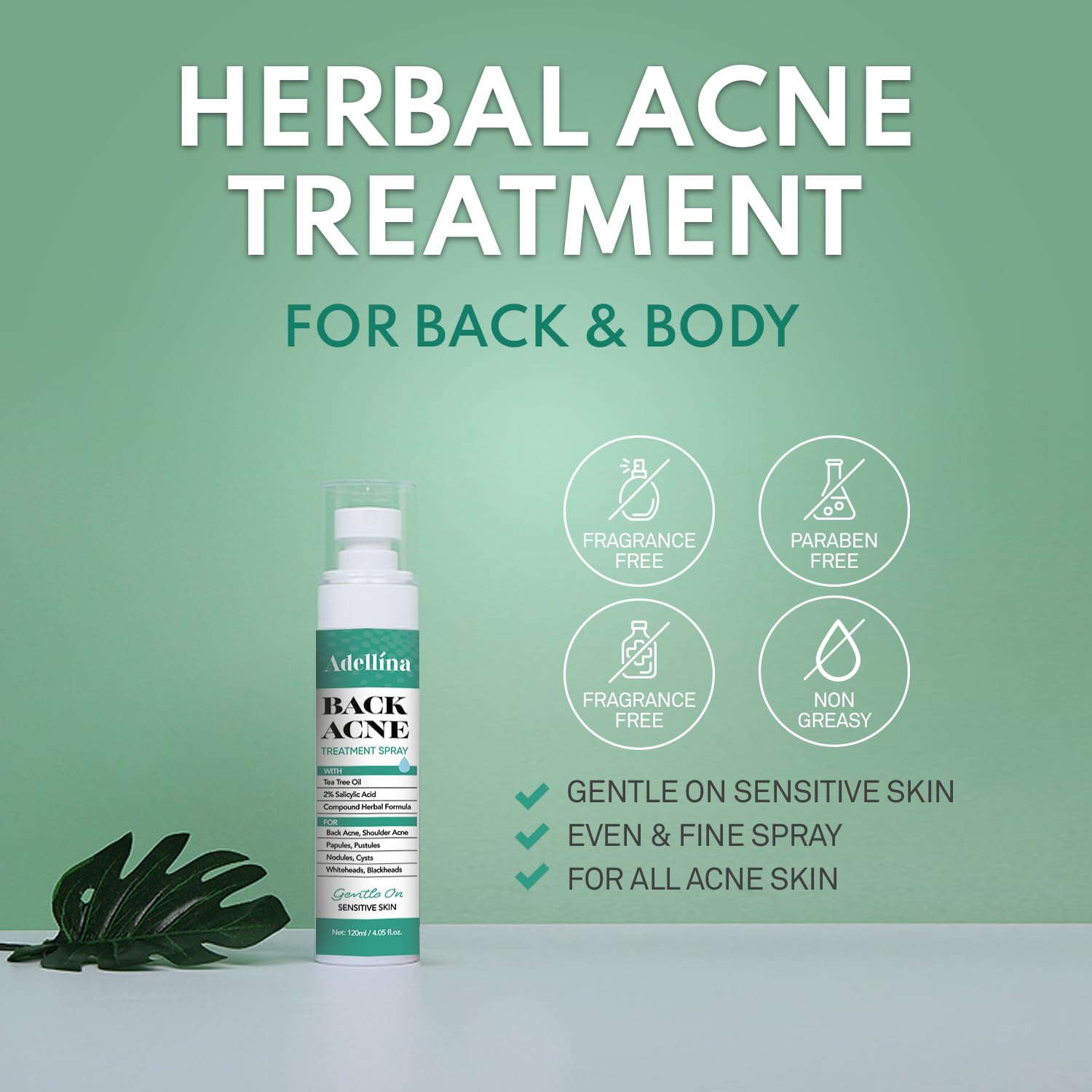 Adellina Back blemish Spray, Body blemish care with Salicylic Acid, Tea Tree Oil & Niacinamide, 4 oz