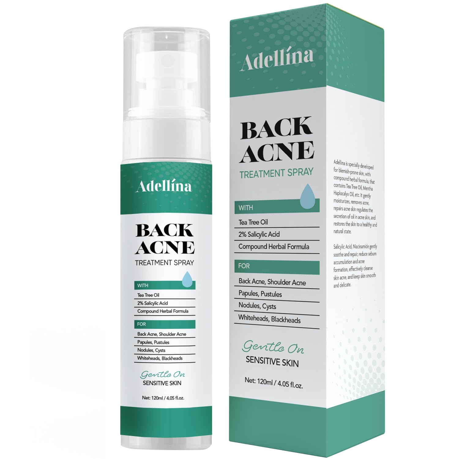 Adellina Back blemish Spray, Body blemish care with Salicylic Acid, Tea Tree Oil & Niacinamide, 4 oz