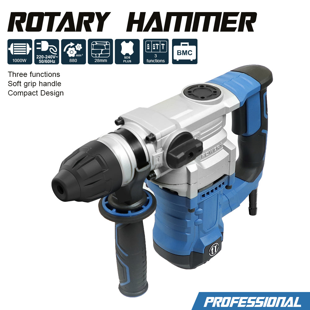 8 Amp 1000W  SDS-Plus Rotary Hammer Drill with Vibration Control and Safety Clutch,Heavy Duty Demolition Hammer for Concrete-Including 3Pcs 1-1/4 Inch  Drill Bits,Flat Chisels, Point Chisels Blue US