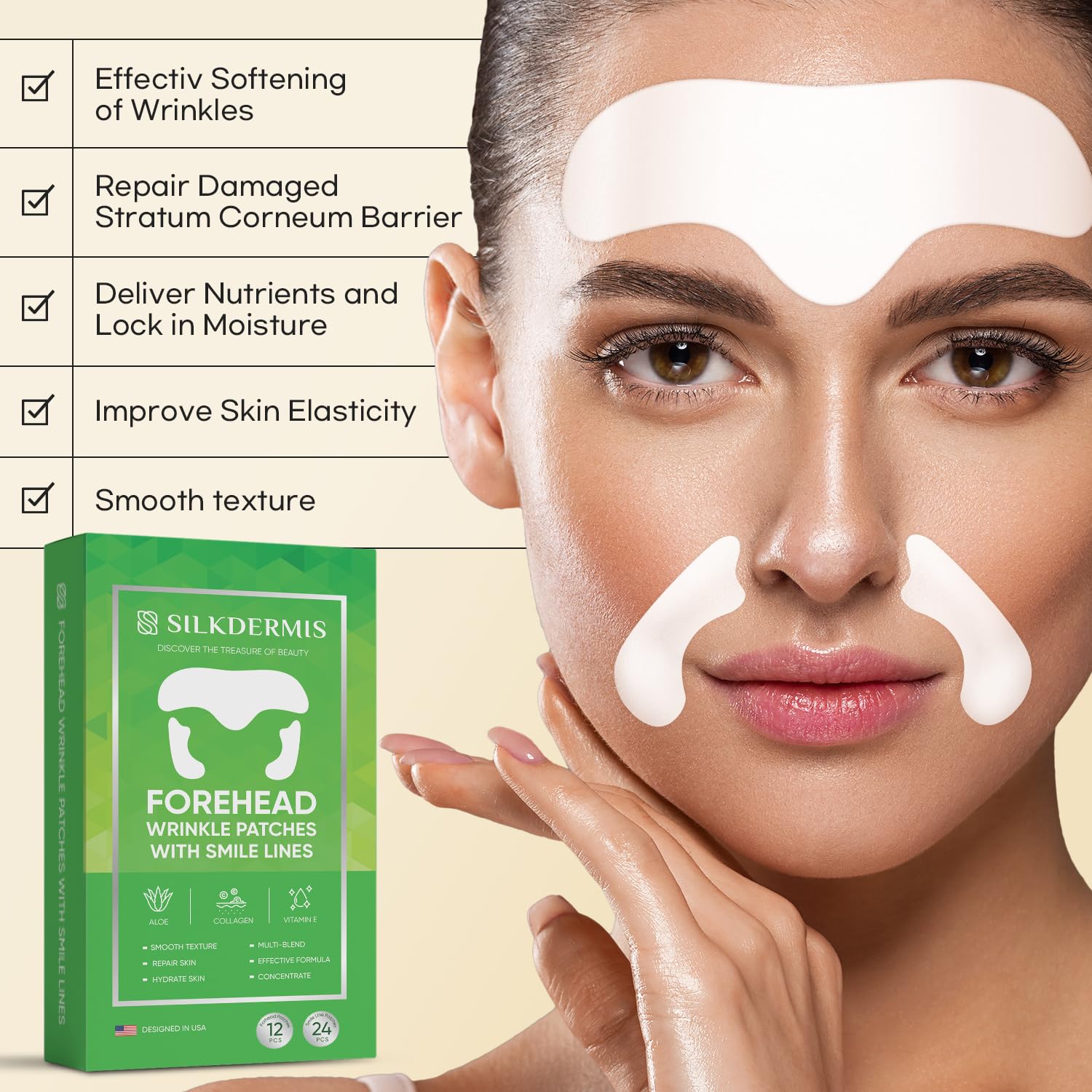 SILKDERMIS Forehead fine line Patches 12Pcs with Smile Line Patches 24Pcs with Aloe, Collagen, Vitamin E, Forehead fine line care and Smile Lines care