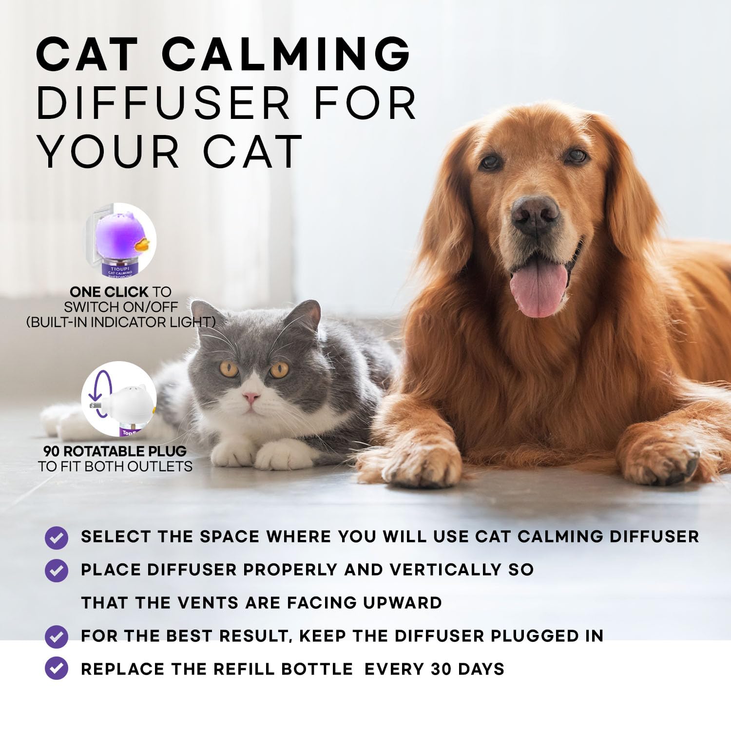 TIOUPI Premium Cat Pheromones Calming Diffuser - Relaxing Stress & Anxiety Relief for Cats, Multi Cat Homes, 2 Pack