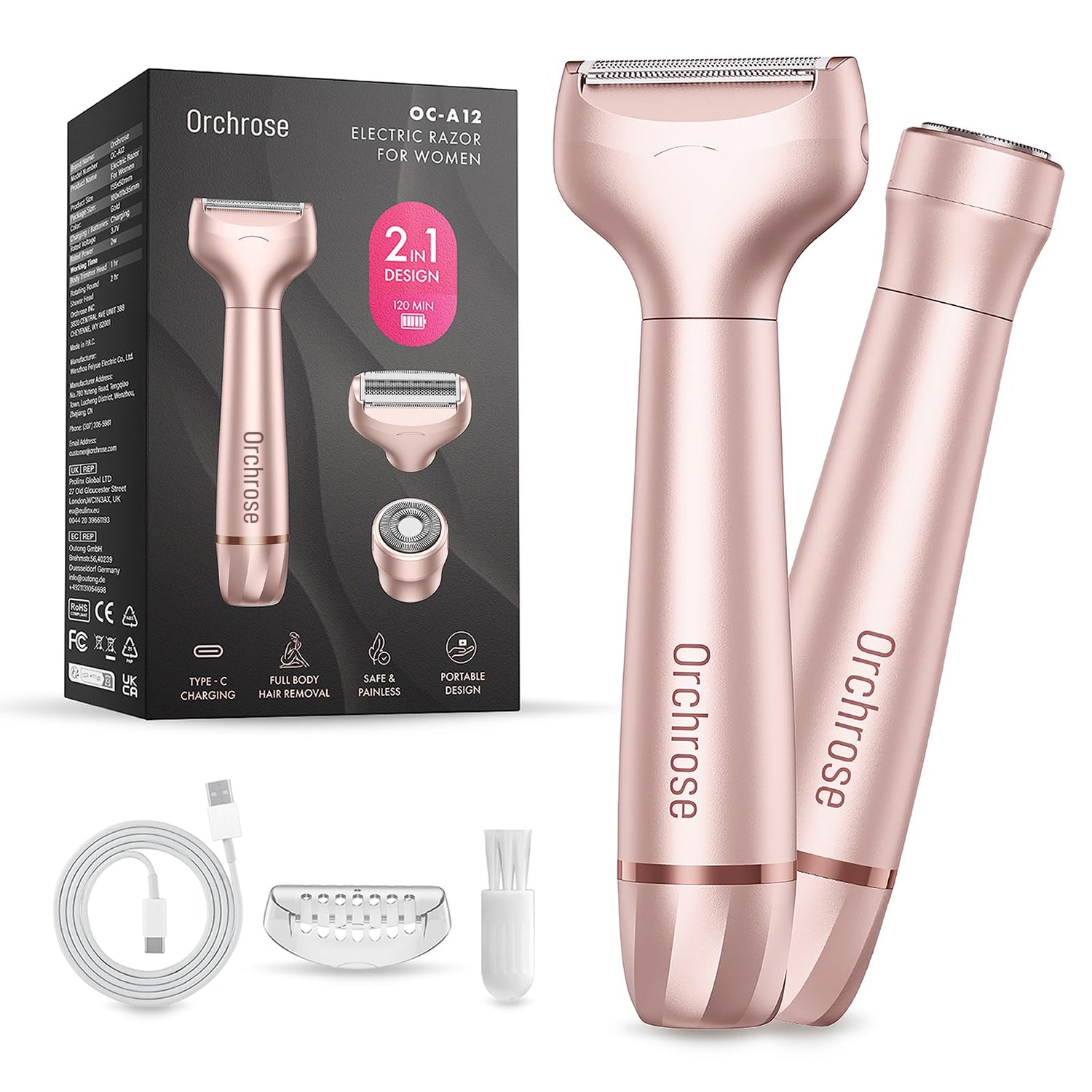 Orchrose Electric Razor for Women Body: Rechargeable Painless Electric Shaver for Bikini Face Body Legs Underarms - 3-in-1 Blade and Rotary Shaving Head (ROS)