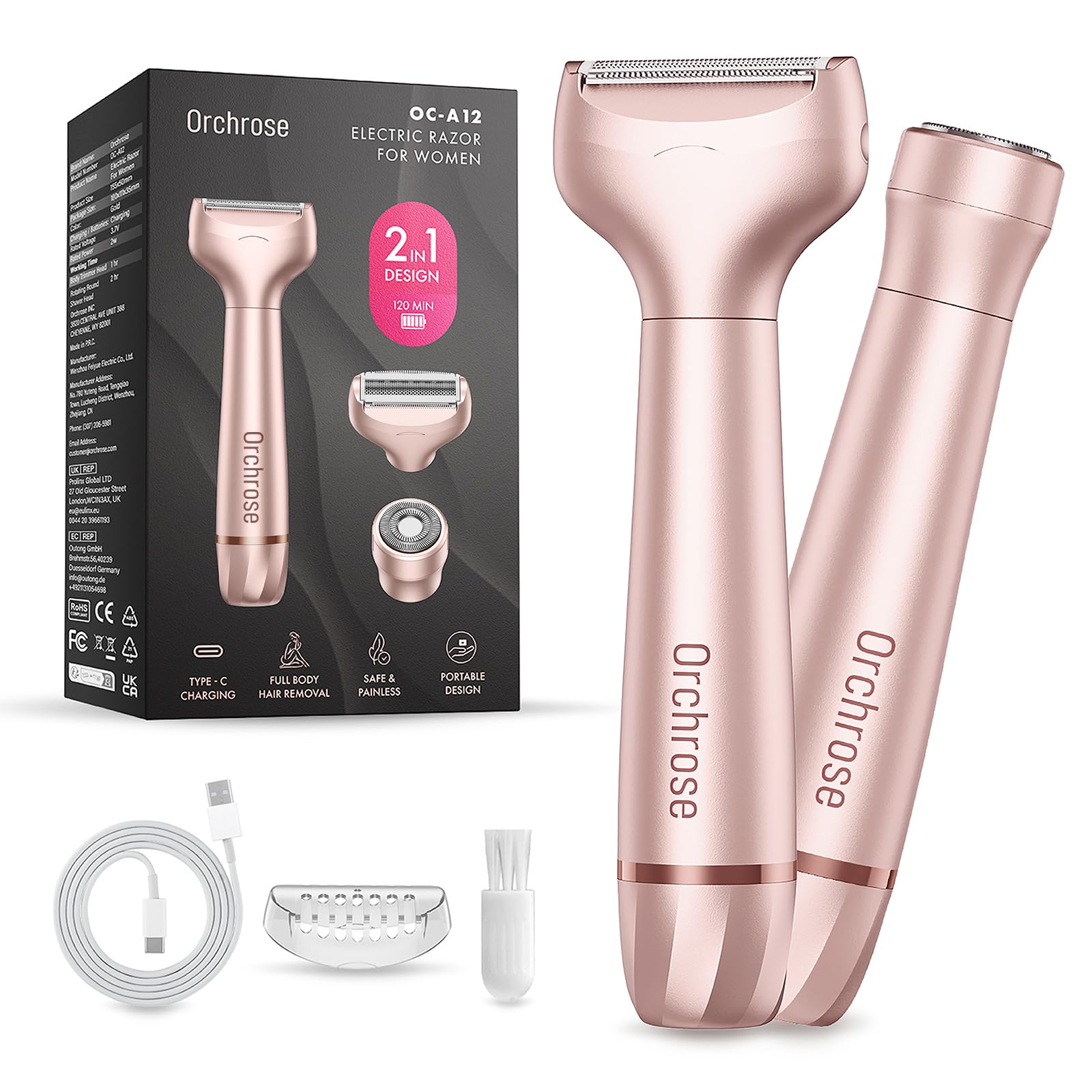 Orchrose Electric Razor for Women Body: Rechargeable Painless Electric Shaver for Bikini Face Body Legs Underarms - 3-in-1 Blade and Rotary Shaving Head (ROS)