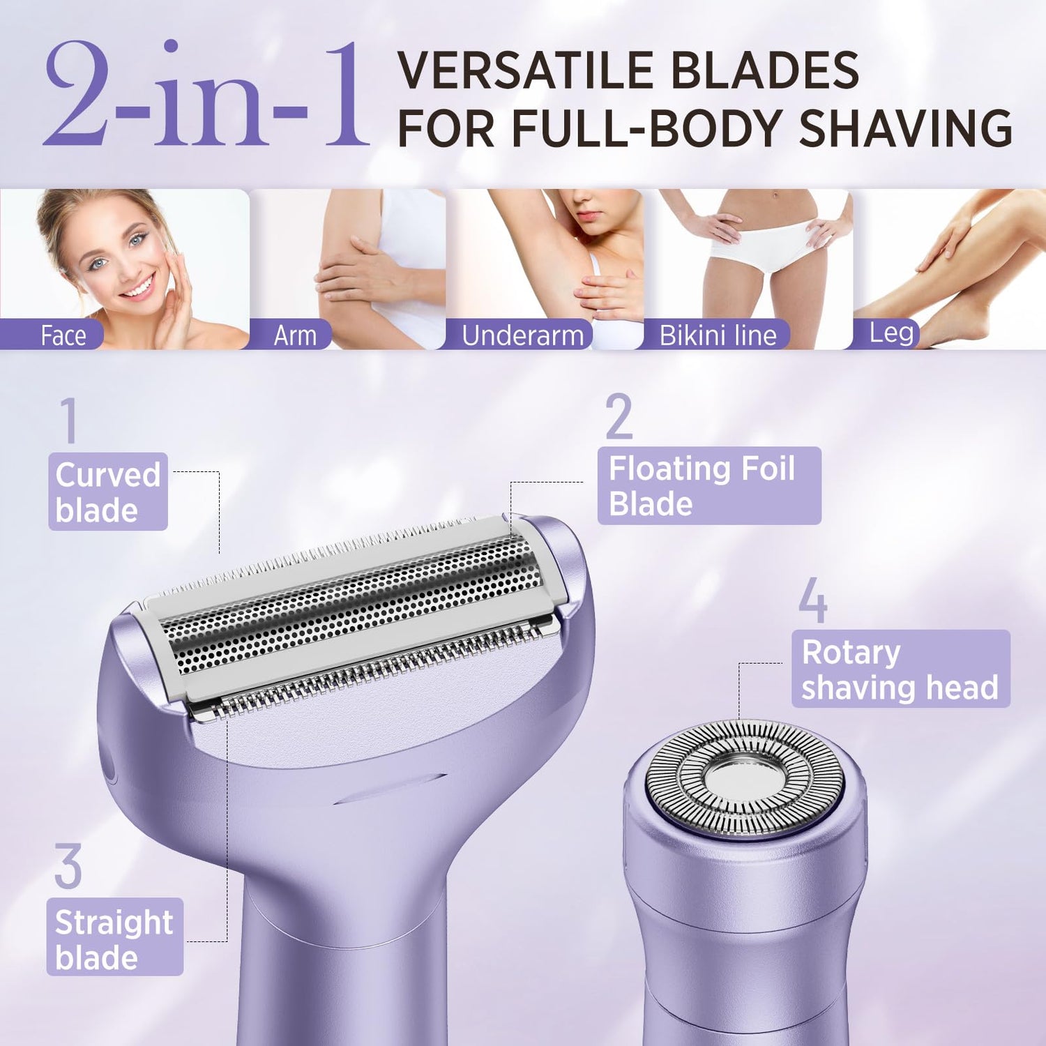 Orchrose Electric Razor for Women Body: Rechargeable Painless Electric Shaver for Bikini Face Body Legs Underarms - 3-in-1 Blade and Rotary Shaving Head (Purpl)