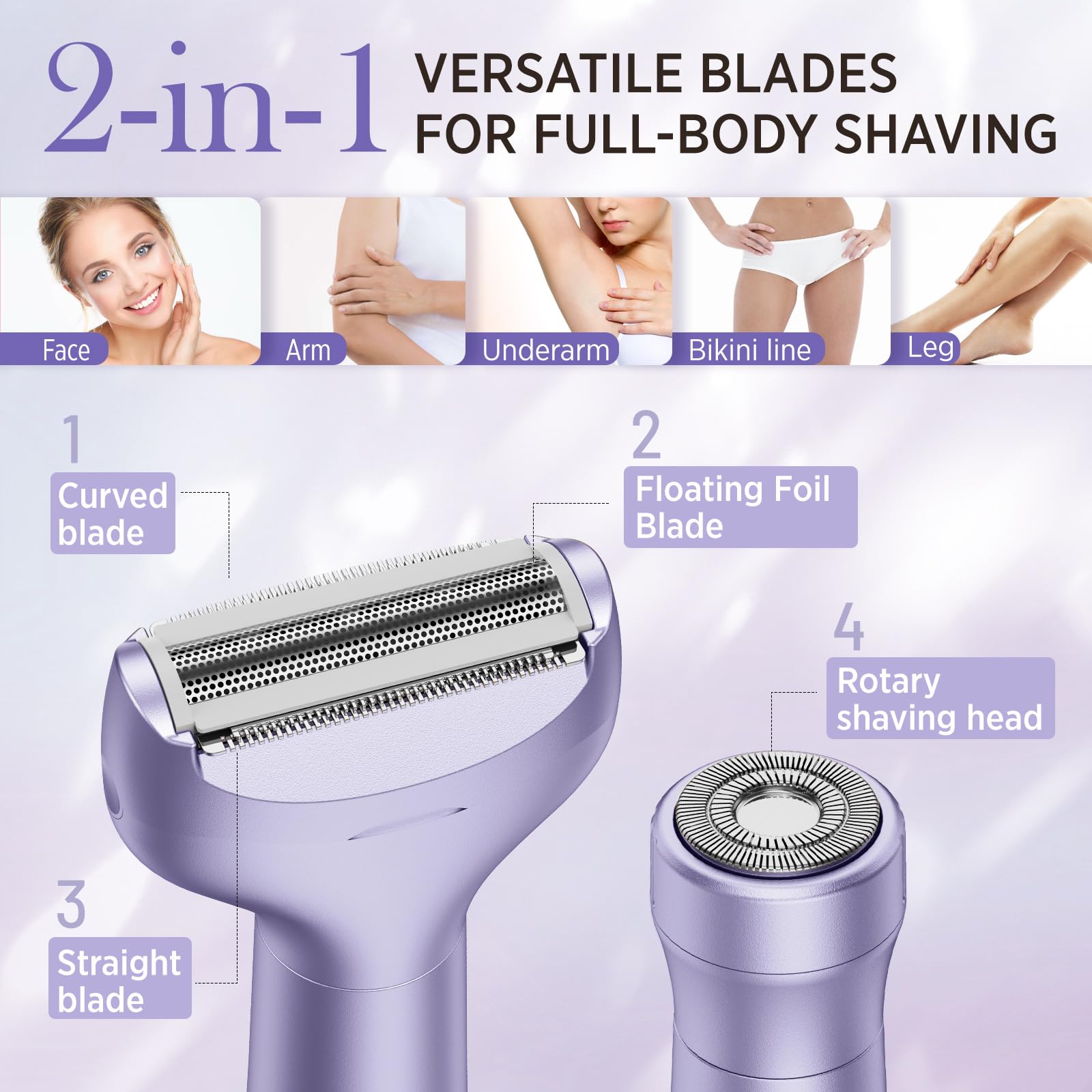 Orchrose Electric Razor for Women Body: Rechargeable Painless Electric Shaver for Bikini Face Body Legs Underarms - 3-in-1 Blade and Rotary Shaving Head (Purpl)