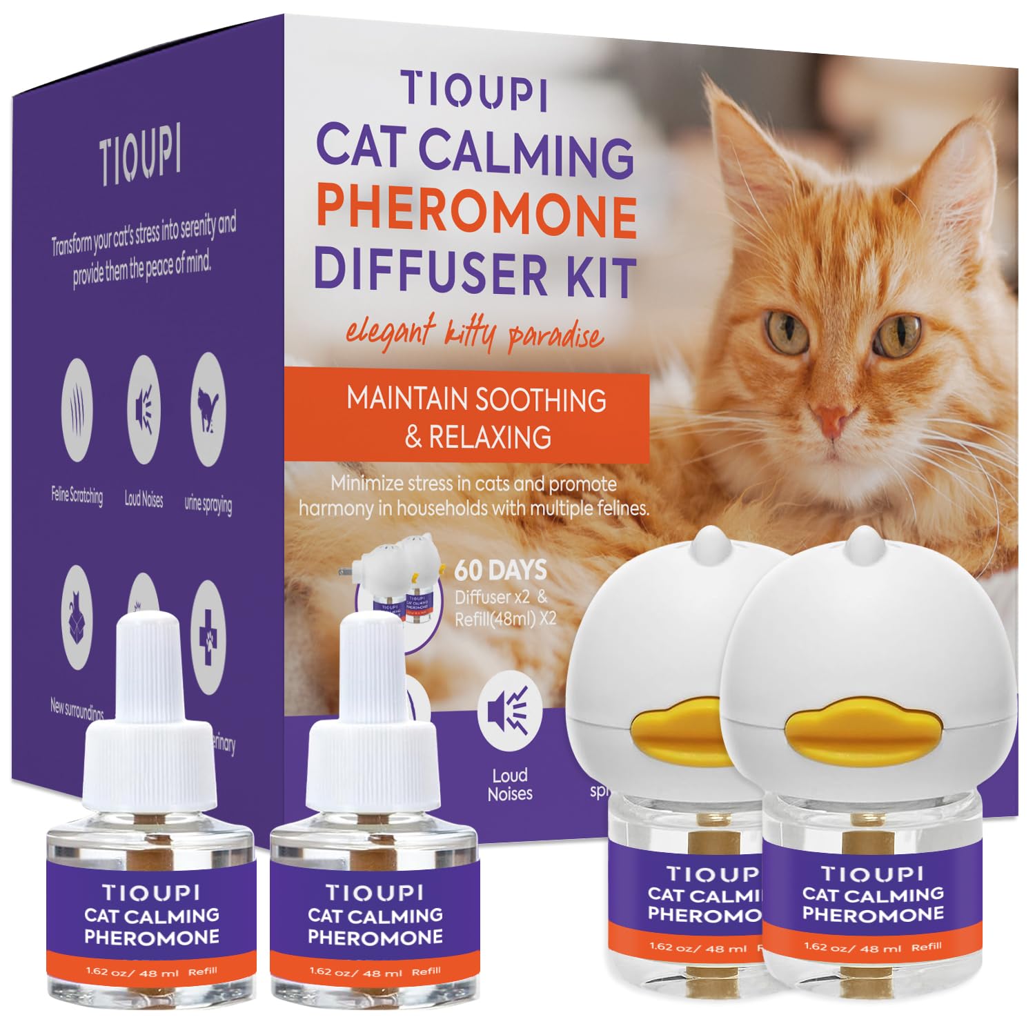 TIOUPI Premium Cat Pheromones Calming Diffuser - Relaxing Stress & Anxiety Relief for Cats, Multi Cat Homes, 2 Pack