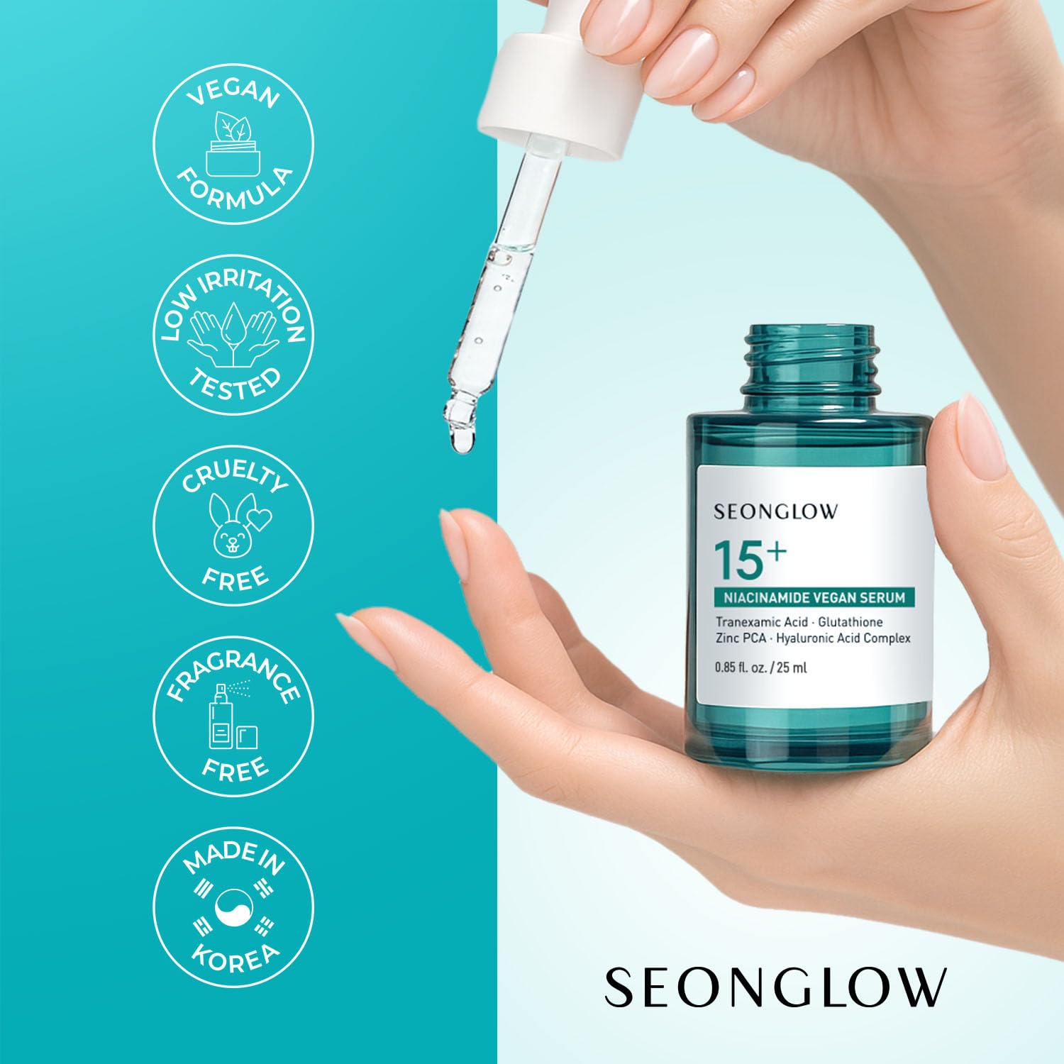 SEONGLOW 15% Vegan Niacinamide+ 3% Tranexamic Acid Serum: Korean Skin Care Niacinamide serum - Pore Minimizer for Face, Glutathione, Zinc PCA, 0.85 fl.oz.(25ml)