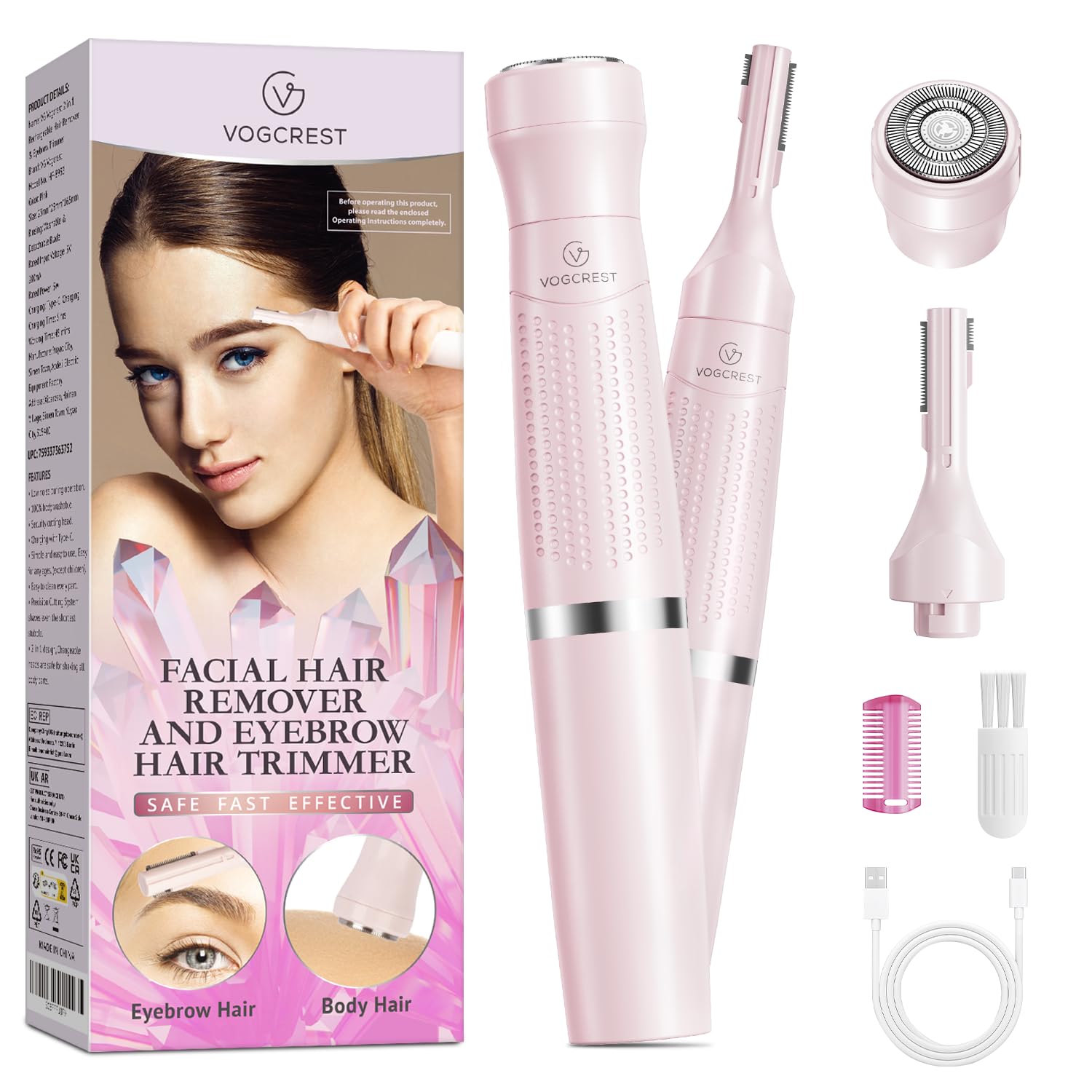 VG VOGCREST Women's Eyebrow Trimmer & Facial Hair Remover, 2 in 1, Double Rotating Blades, Safe, Painless, Hypoallergenic, Rechargeable, USB Charging