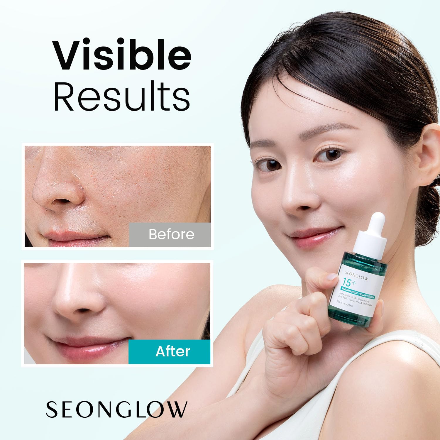 SEONGLOW 15% Vegan Niacinamide+ 3% Tranexamic Acid Serum: Korean Skin Care Niacinamide serum - Pore Minimizer for Face, Glutathione, Zinc PCA, 0.85 fl.oz.(25ml)